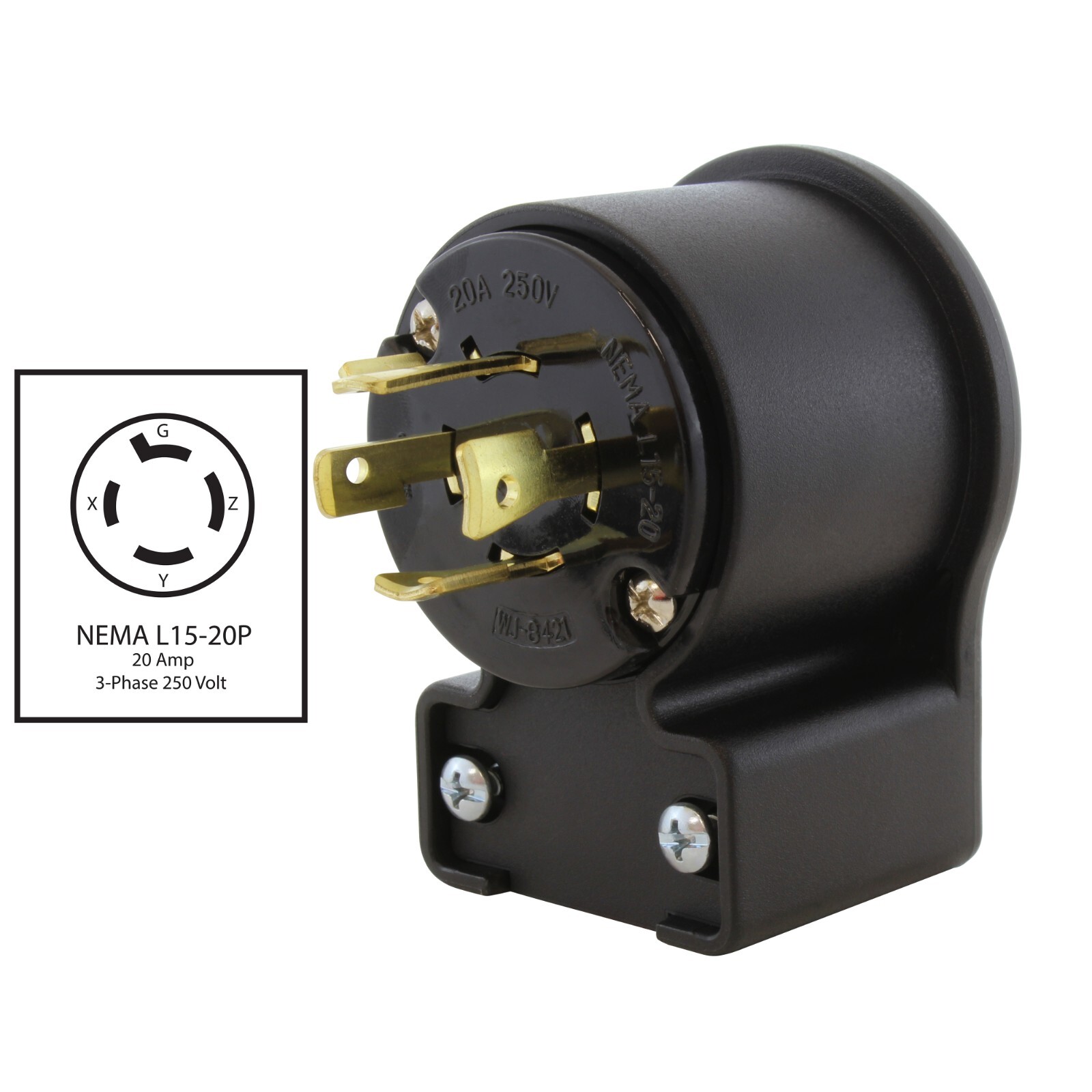 20A 250V 3-Phase NEMA L15-20P Locking Right Angle Male Plug Assembly