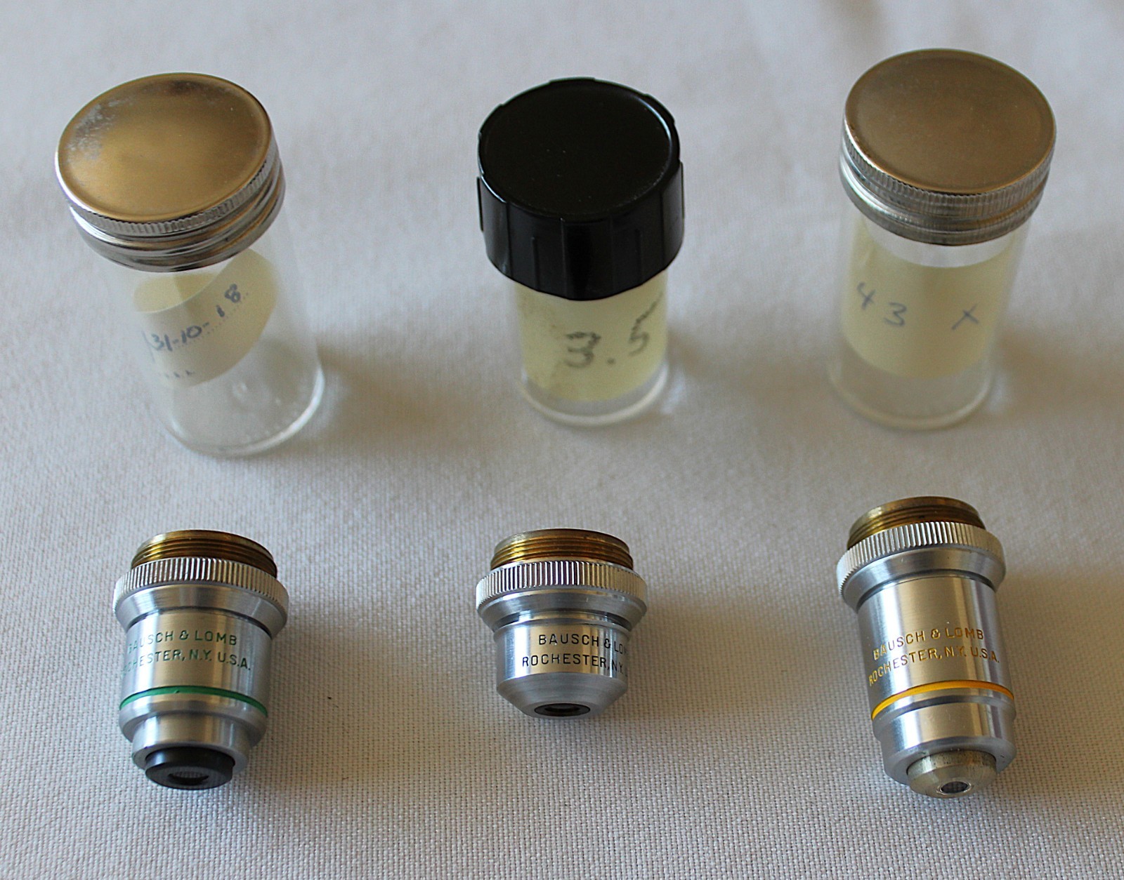 Vintage Lot of 3 Microscope Lenses Bausch & Lomb 10X 3.5X 43X