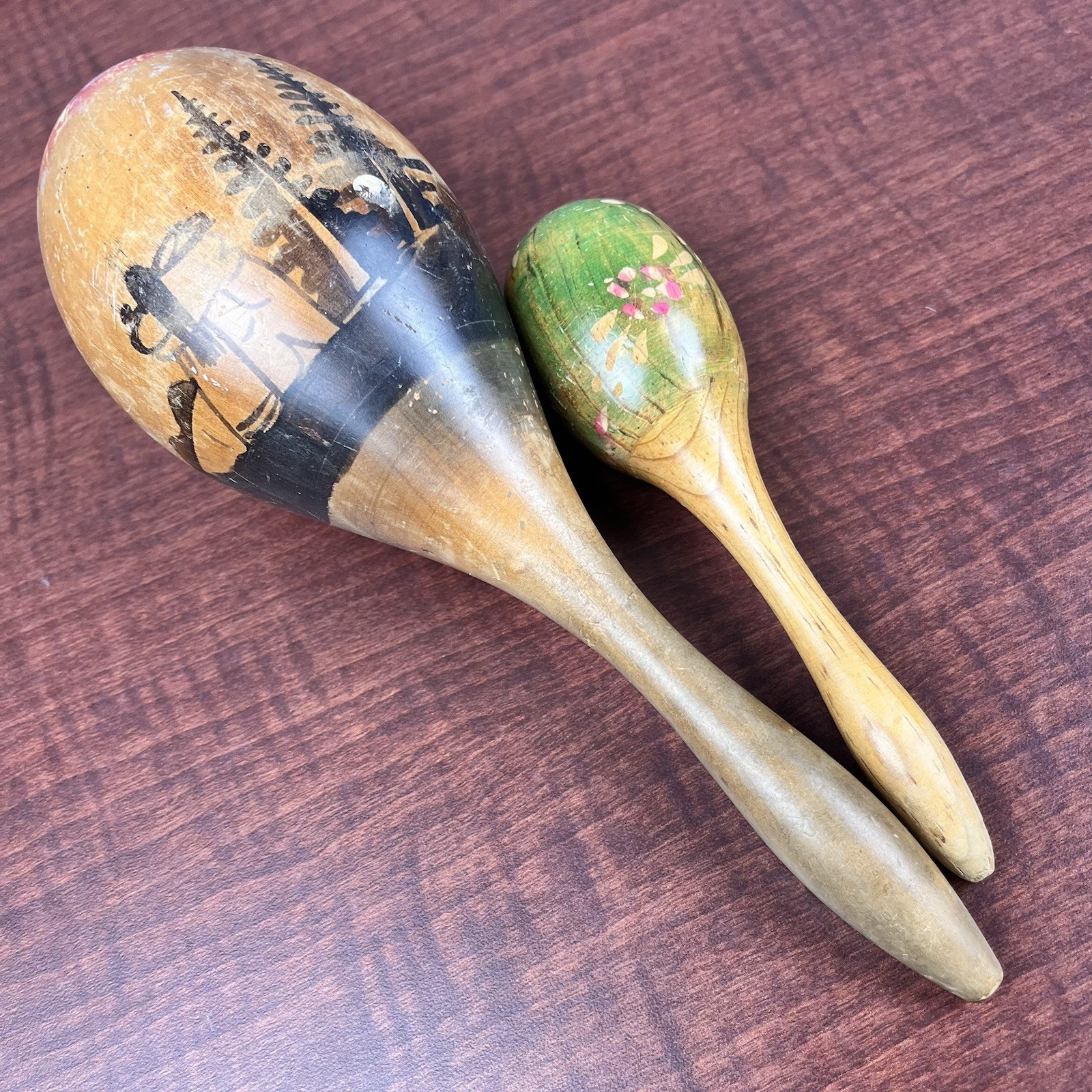 Vintage Original Mexican Hand Painted Wooden Fiesta Maracas Lot Of 2