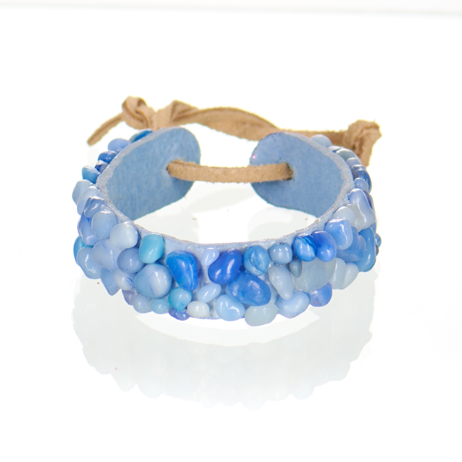 Handcrafted Mosaic Leather Bracelet - Miniature Tumbled Pebbles - Baby Blue