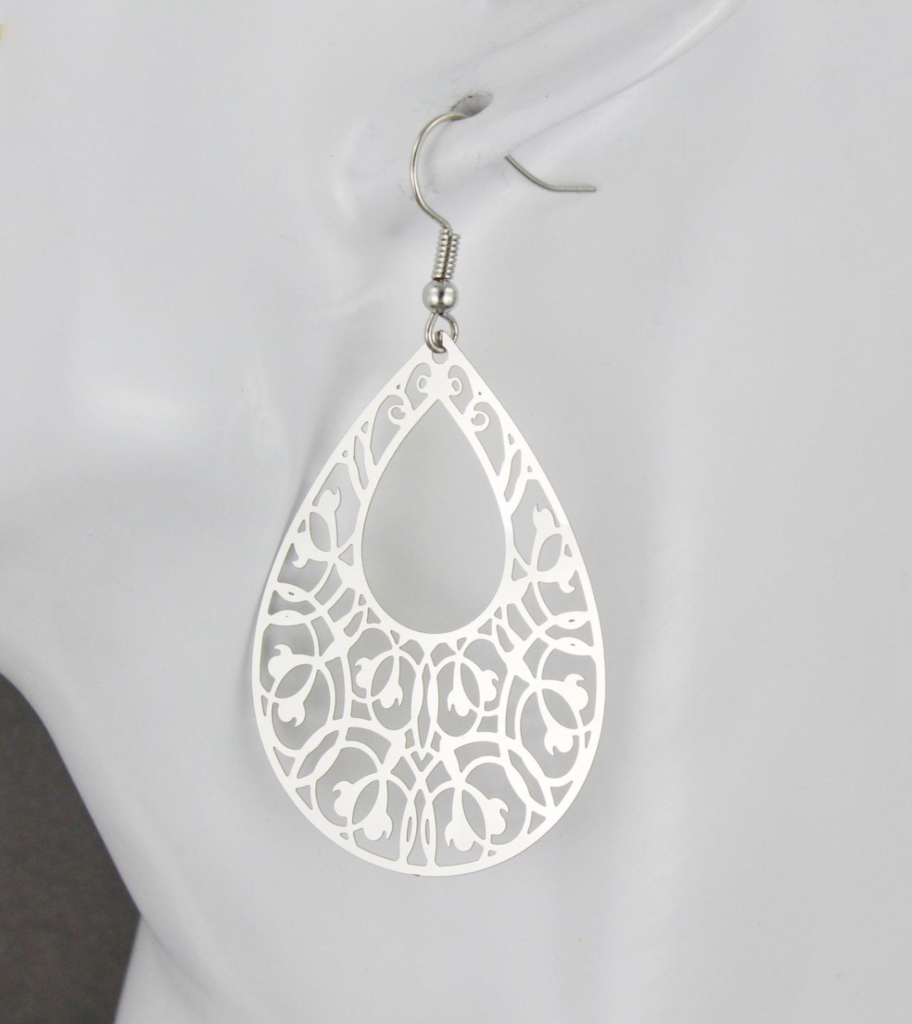 Silver teardrop filigree dangle earrings shiny 2 7/16" long lightweight scroll