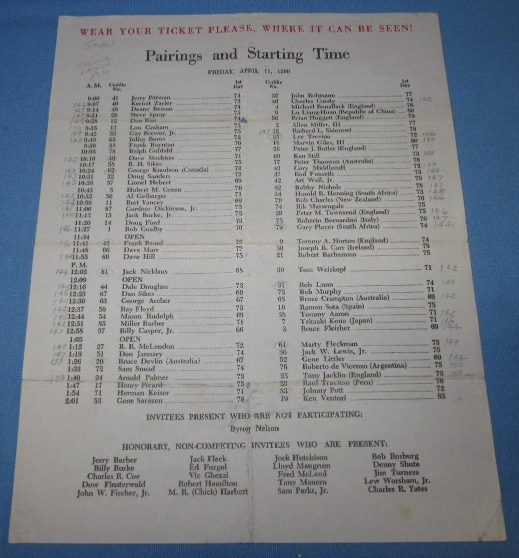 Pairings and Start Time Sheet ~ Masters Golf Tournament ~ Friday April 11, 1969