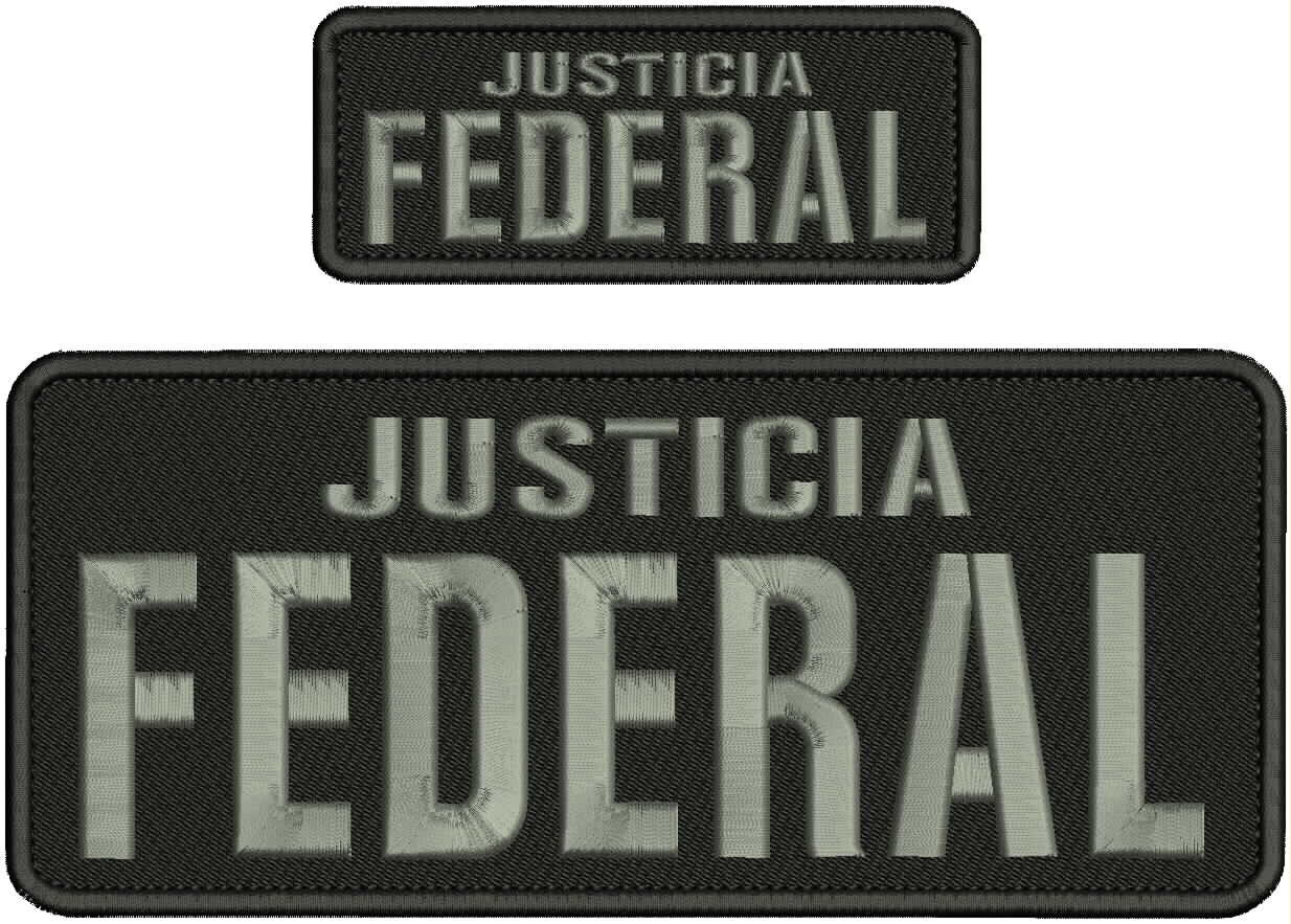 JUSTICIA F EMBROIDERY PATCHES 4X10 & 2X5 HOOK ON BACK GRAY ON BLACK