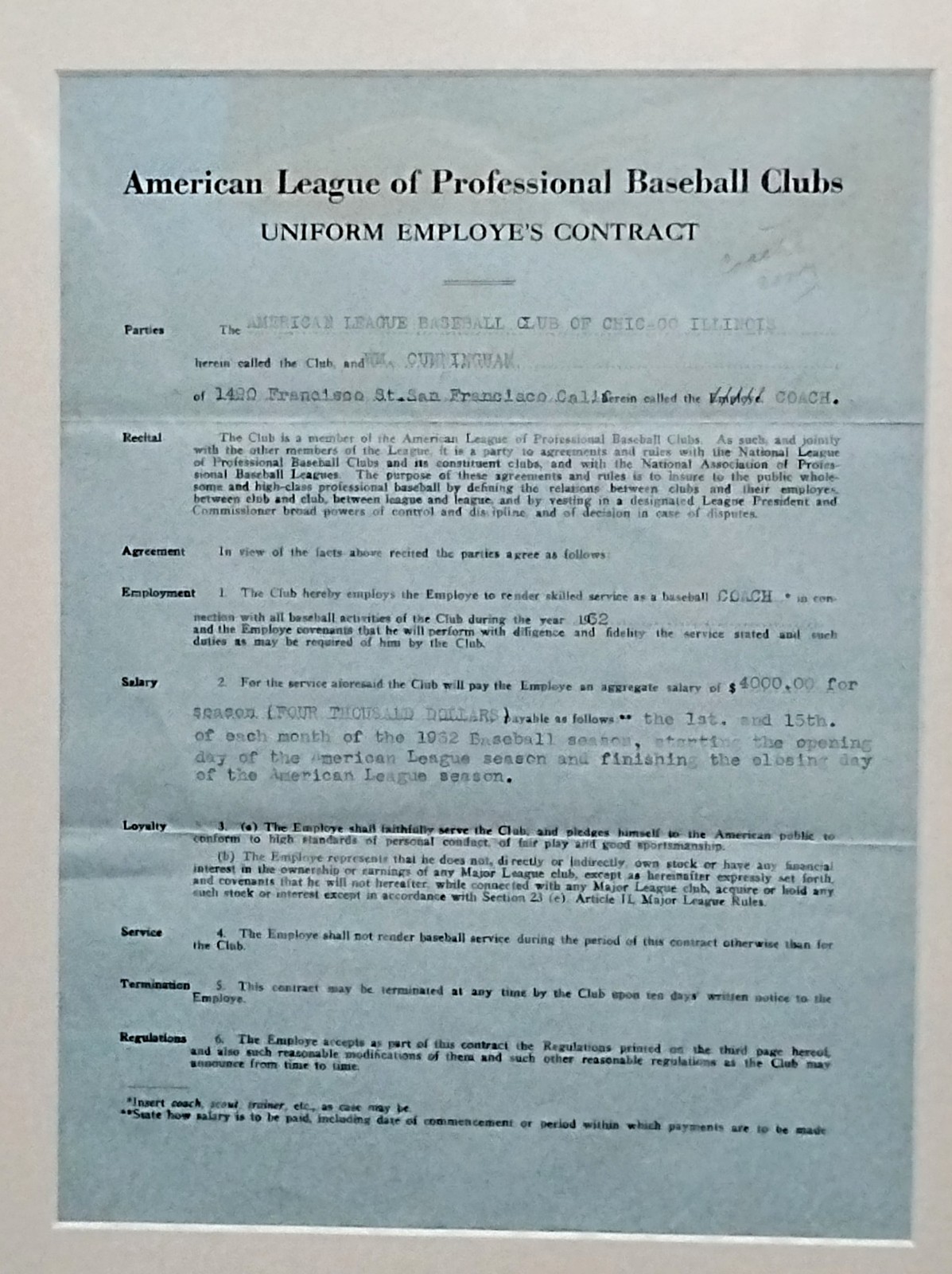 1932 Chicago White Sox Comiskey Signed Letter Contract Cunningham Type A Photos