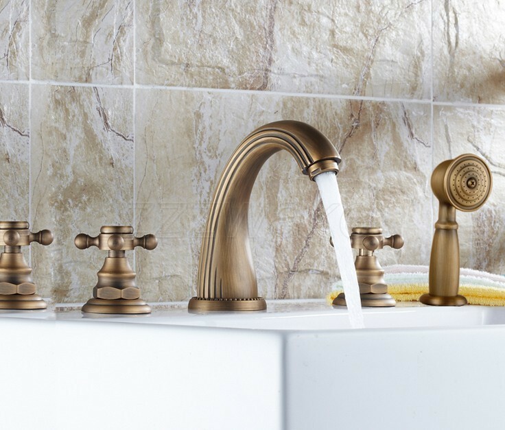 Antique Brass 5 Hole Roman Tub Bathtub Faucet with Hand Shower Spray Ztf053