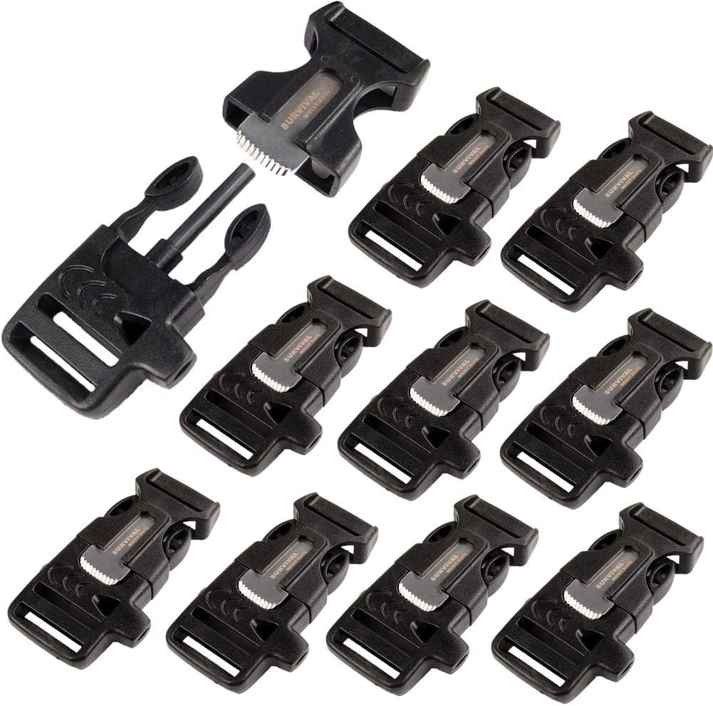10Pack 3/4" (19mm) Fire Starter Survival Whistle Buckle Flint Scraper for Paraco