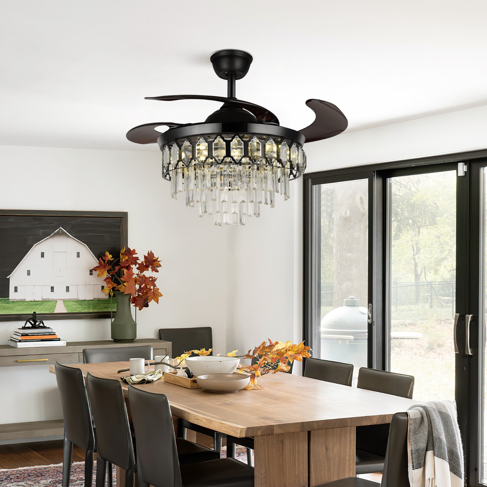 Luxury 42" Retractable Crystal Ceiling Fan Light w/ Remote, 6-Speed