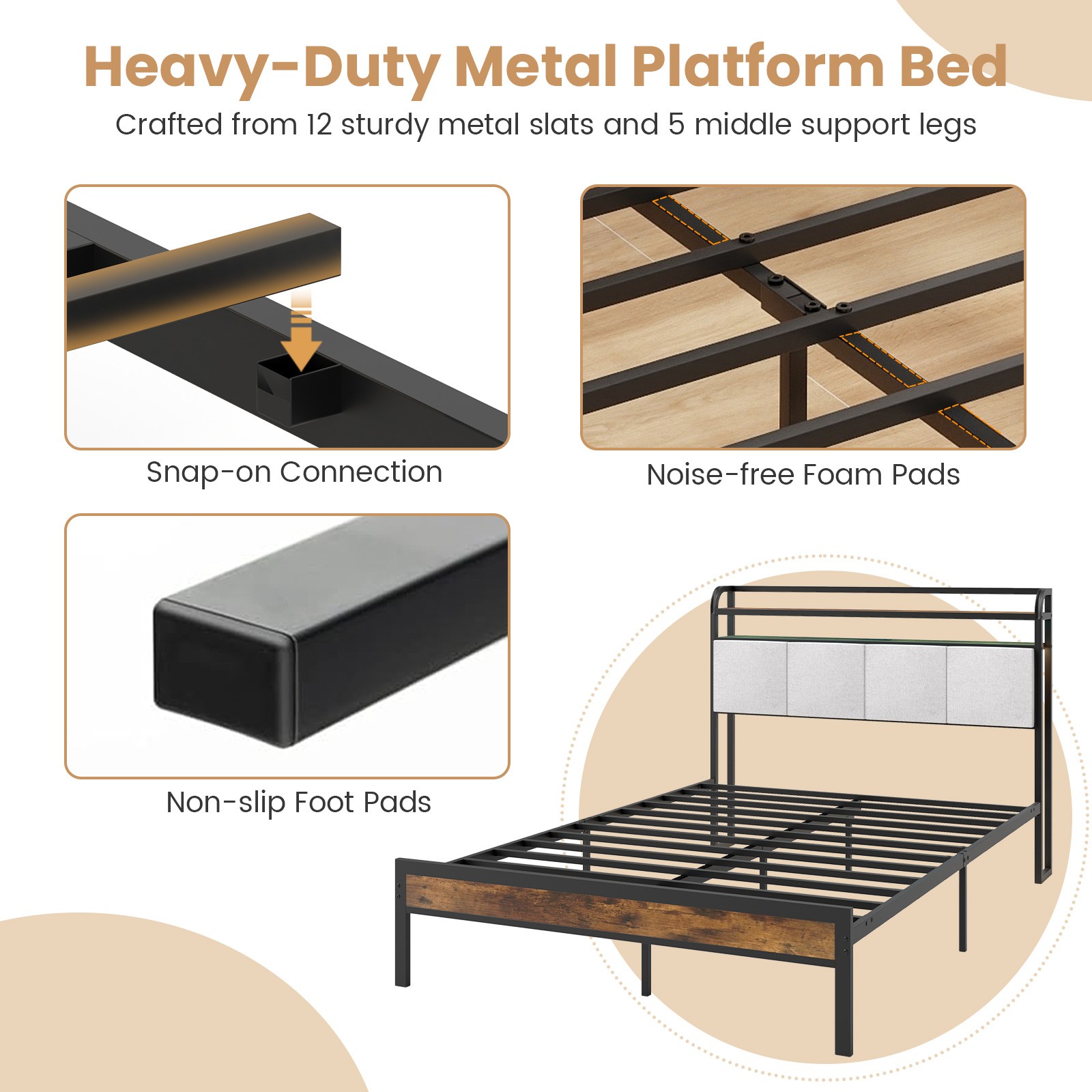 Full Size Bed Frame w/LED Light & Charging Station Heavy Duty Metal Platform Bed