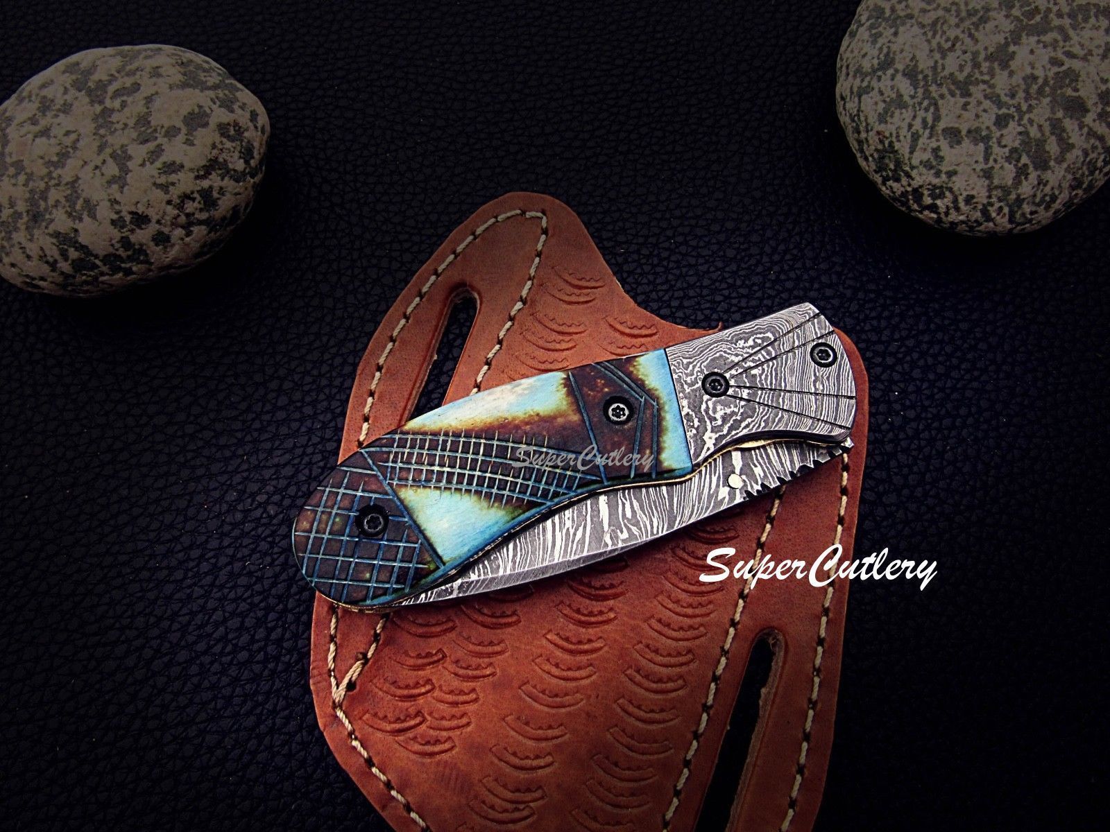 CUSTOM DAMASCUS STEEL POCKET FOLDING KNIFE- ENGRAVED FLAMED BONE LINER LOCK