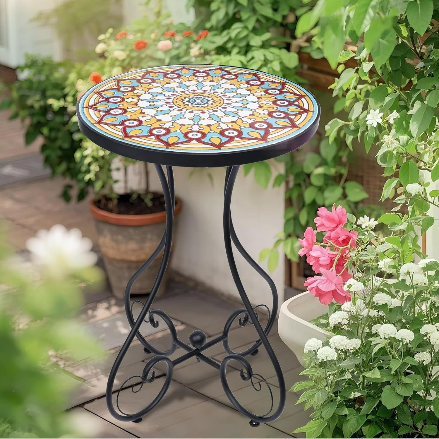 Mosaic Outdoor Side Table Round Rustproof Patio Table 14 Ceramic Multi Color