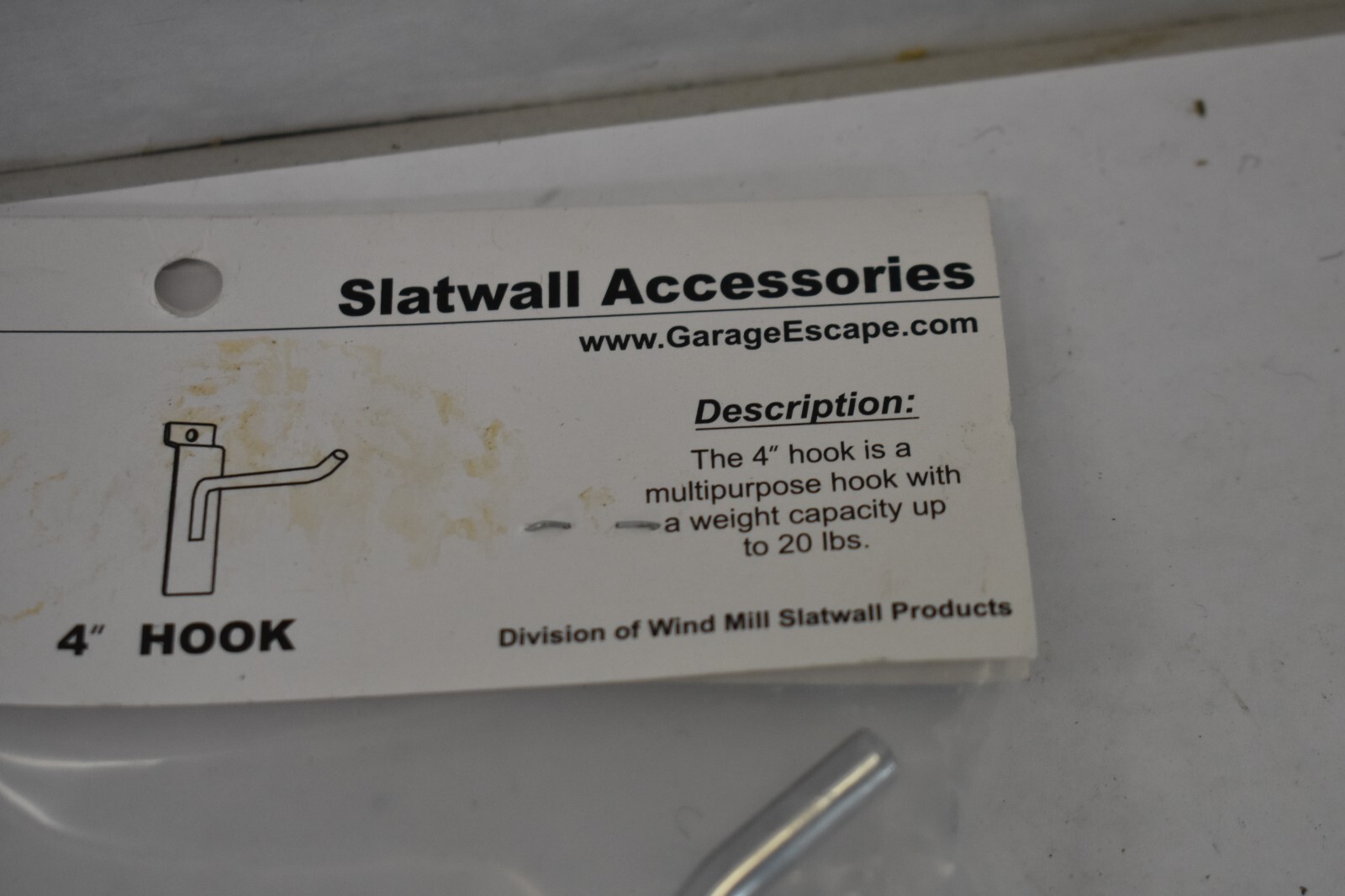 GarageEscape 4" Slatwall Single Hooks 4 Pack 03112010 Multipurpose Lightweight