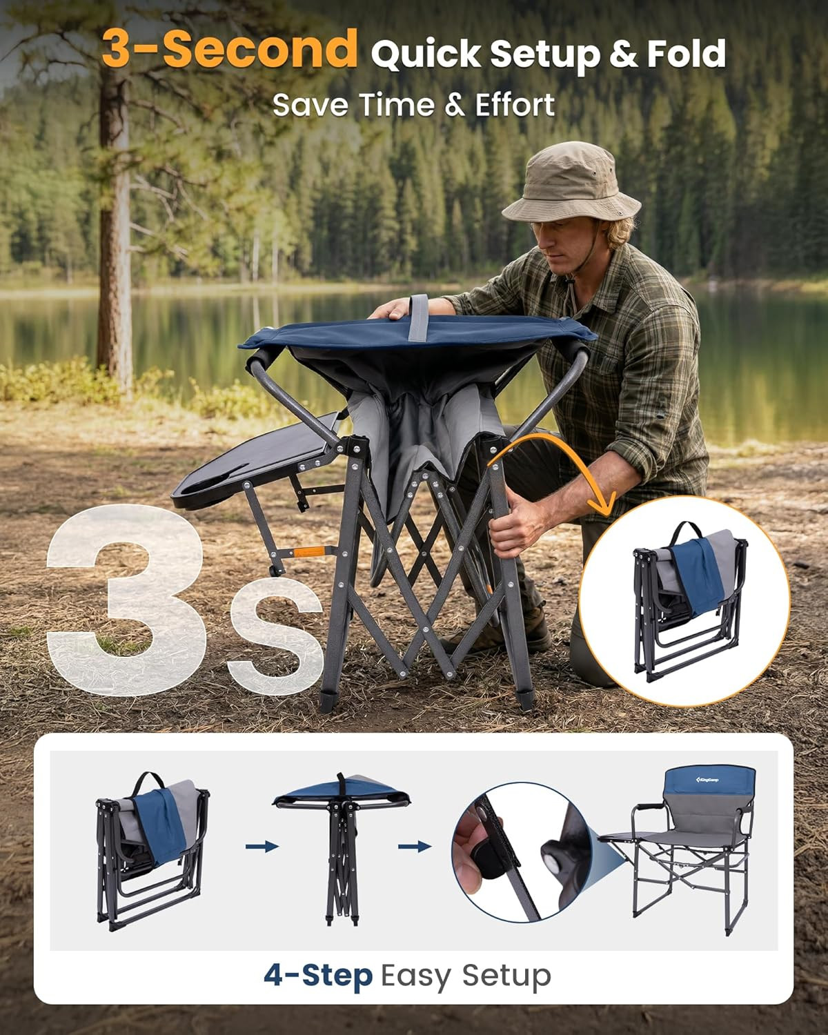 Oversized Camping Directors Chair with Side Table, Compact Design Heavy Duty 440