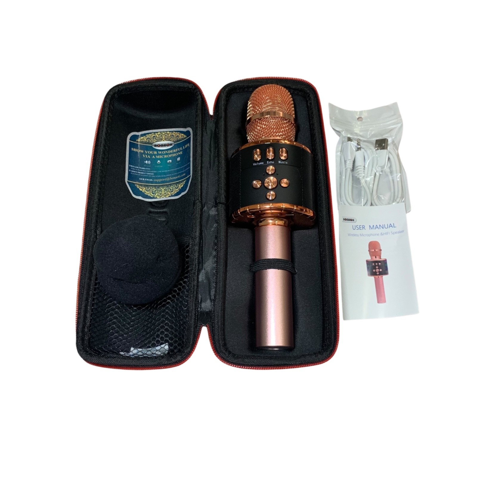 Bonaok Pink Wireless Bluetooth Karaoke Microphone Portable Handheld