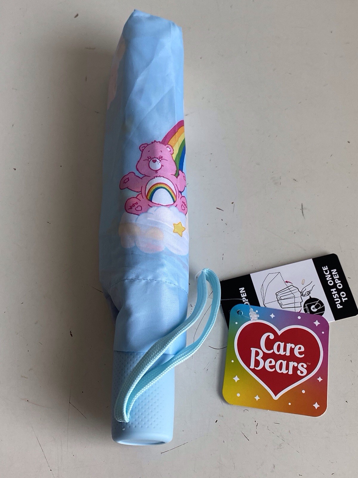 Care Bears Rainbow Umbrella Auto Open Close Blue Compact NEW