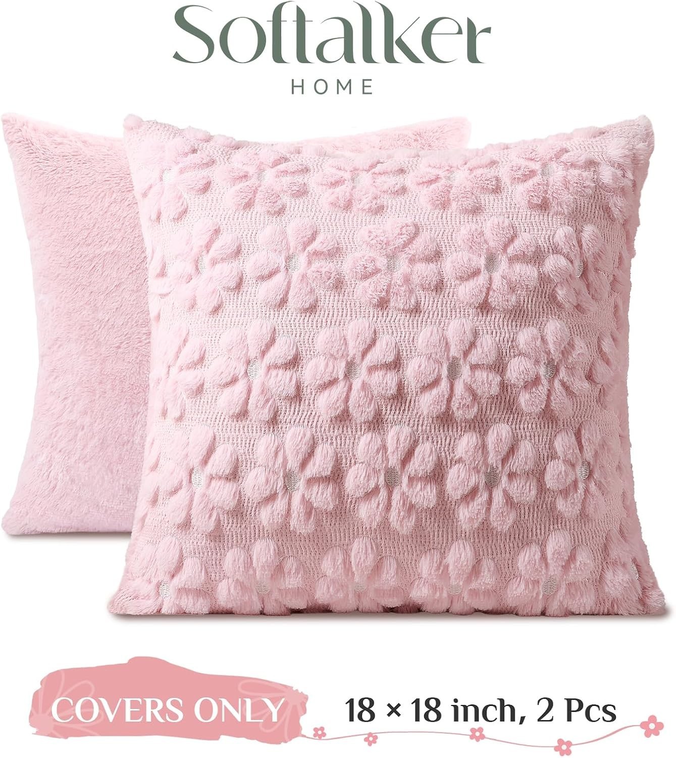 Chic 18x18 Faux Fur Throw Pillow Covers - Set of 2 Floral Design for Summer