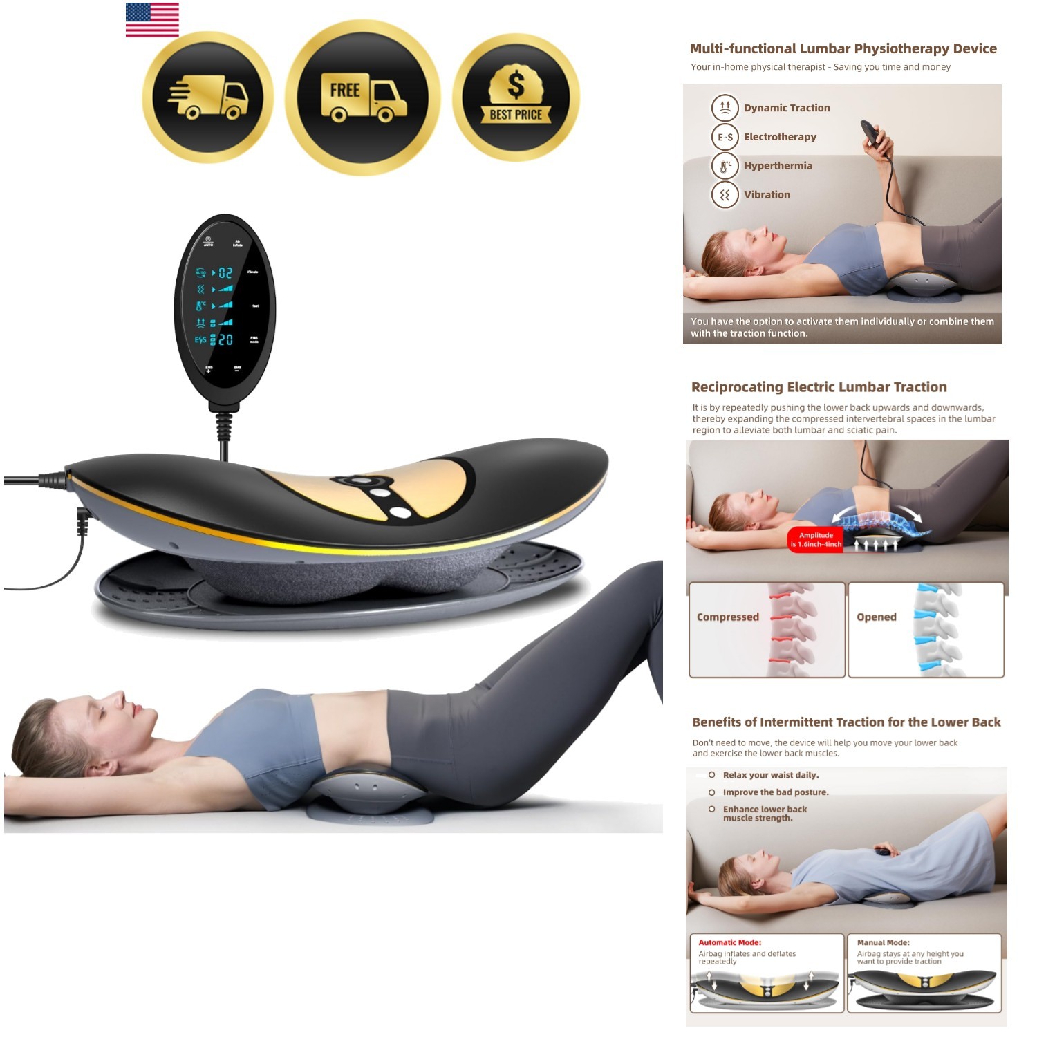 Electric Lumbar Traction Device, Multifunctional Back Traction Device with Dy...