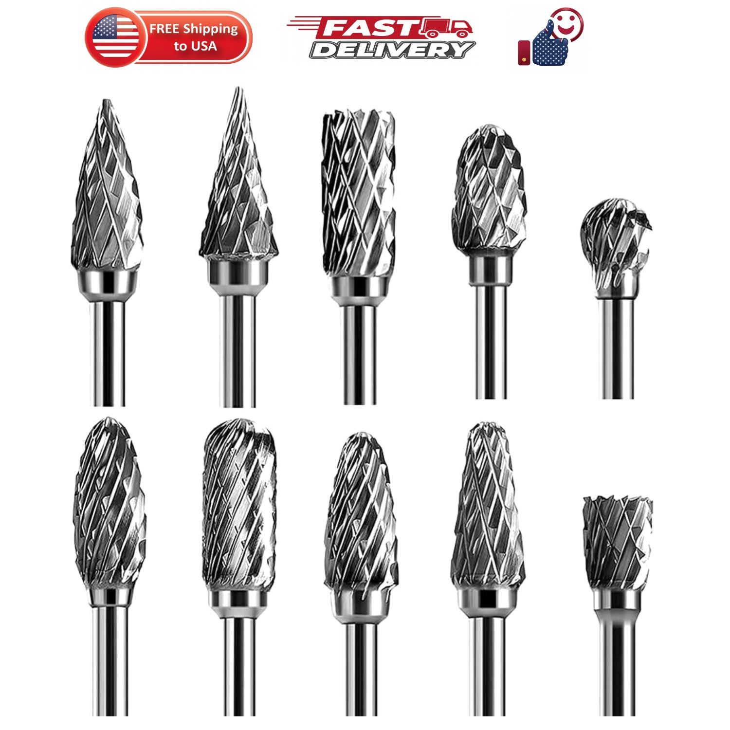 Double Cut Carbide Rotary Burr Set - 10 Pcs 1/8" Shank, 1/4" Head Length Tung...