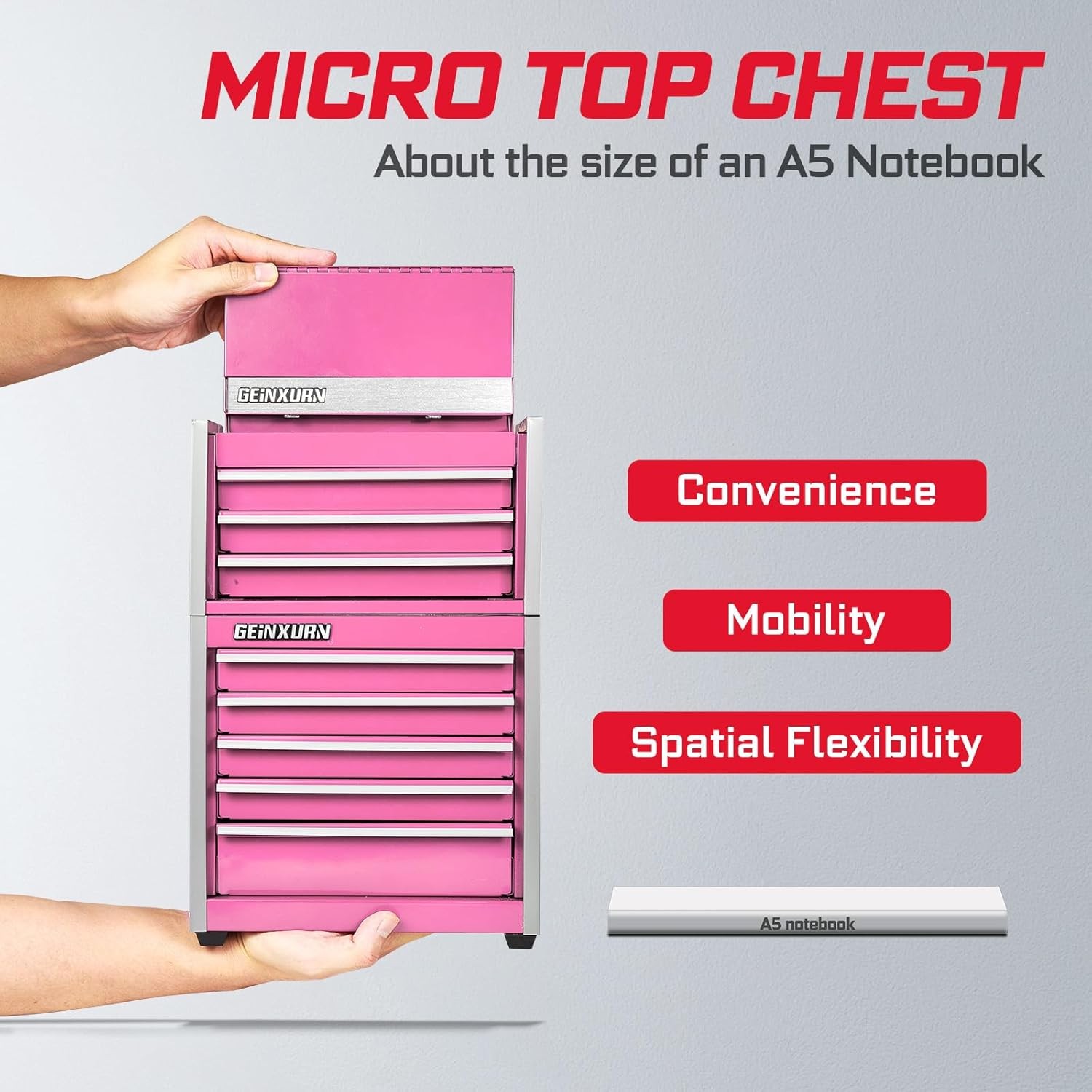 8-Drawer Rolling Pink Tool Box Heavy Duty Micro Roll Cab Steel Stackable Tool