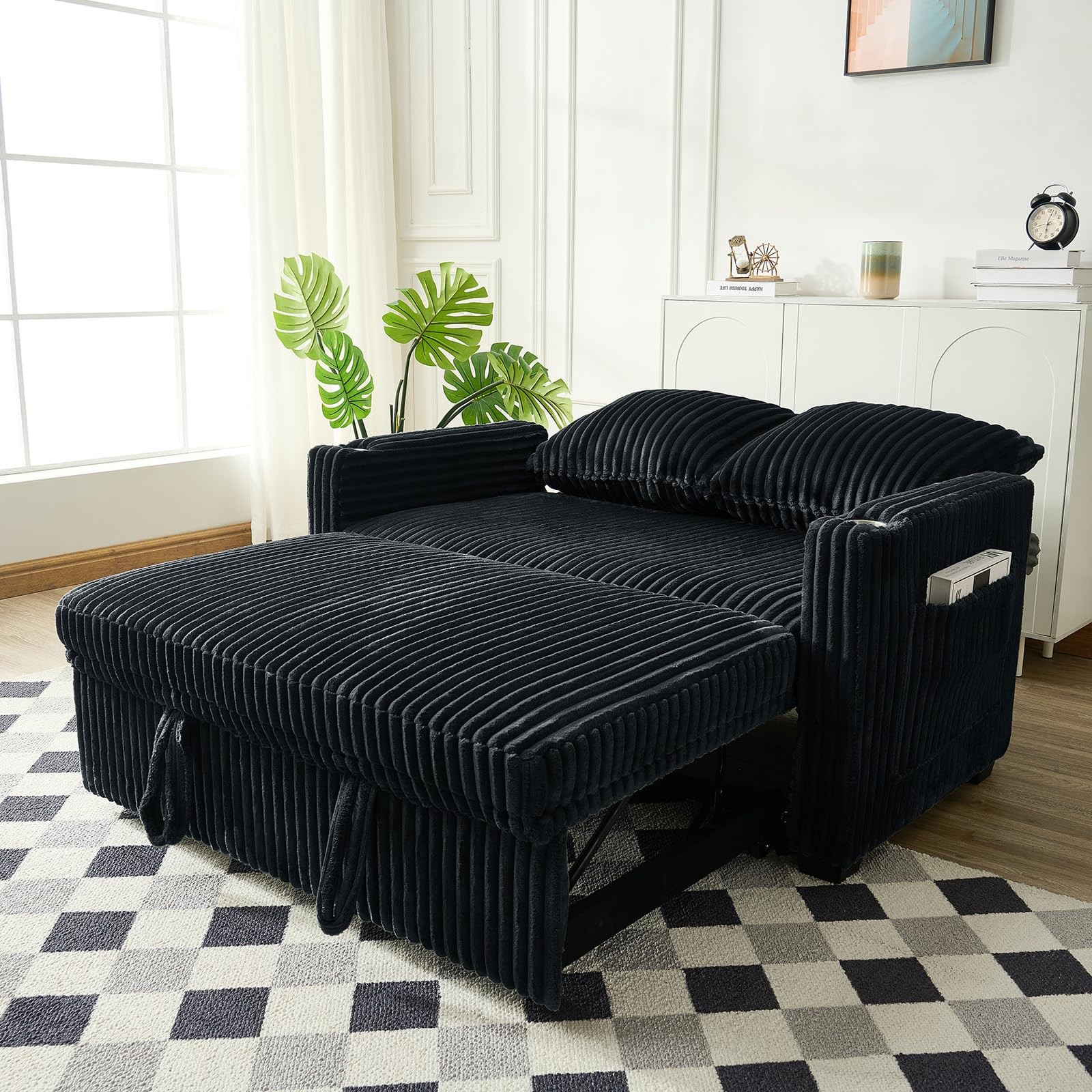 Pull Out Sofa Bed Convertible Corduroy Loveseat USB Charging Adjustable Black