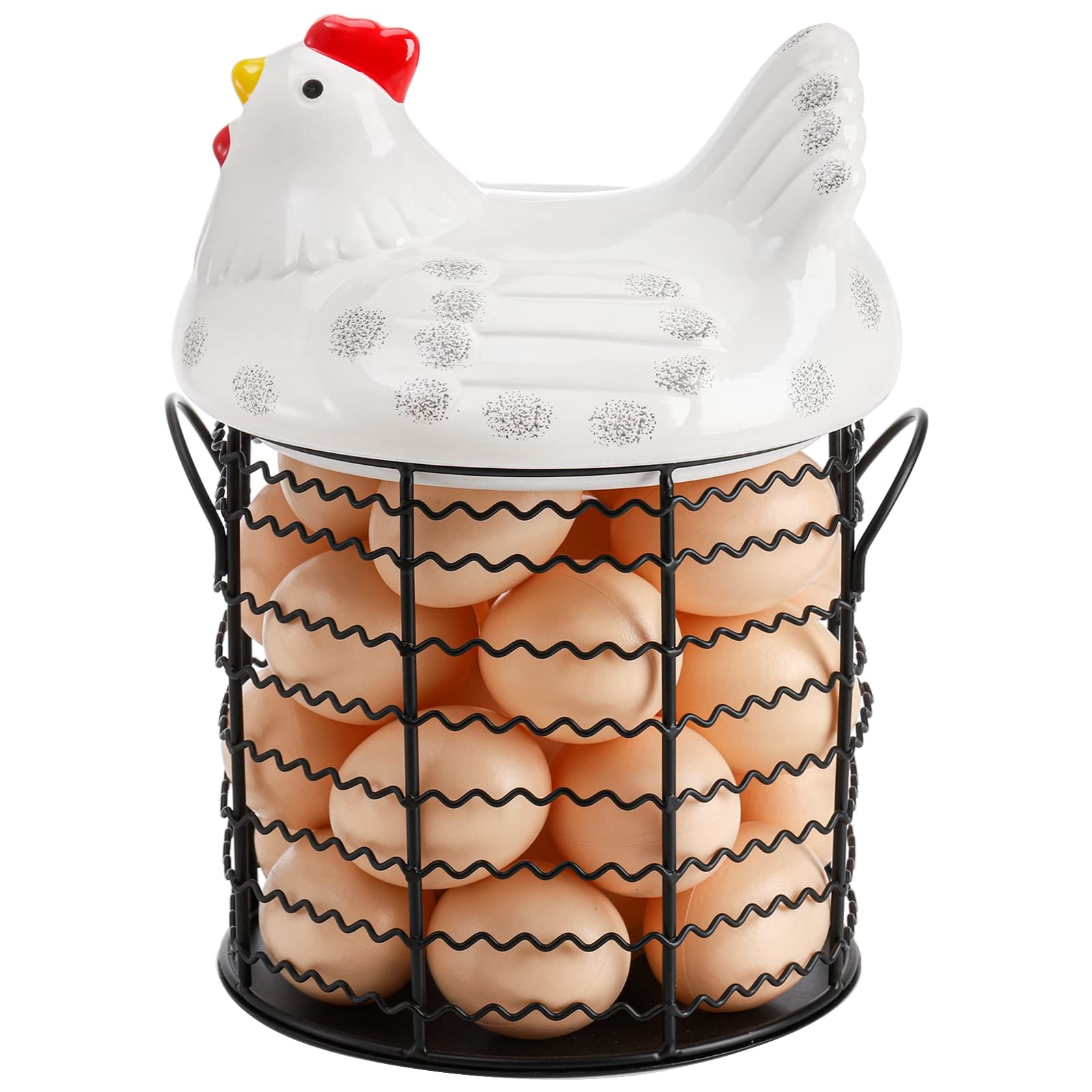 Metal Wire Chicken Egg Storage Basket, Decorative Fresh Egg Holder with Ceram...