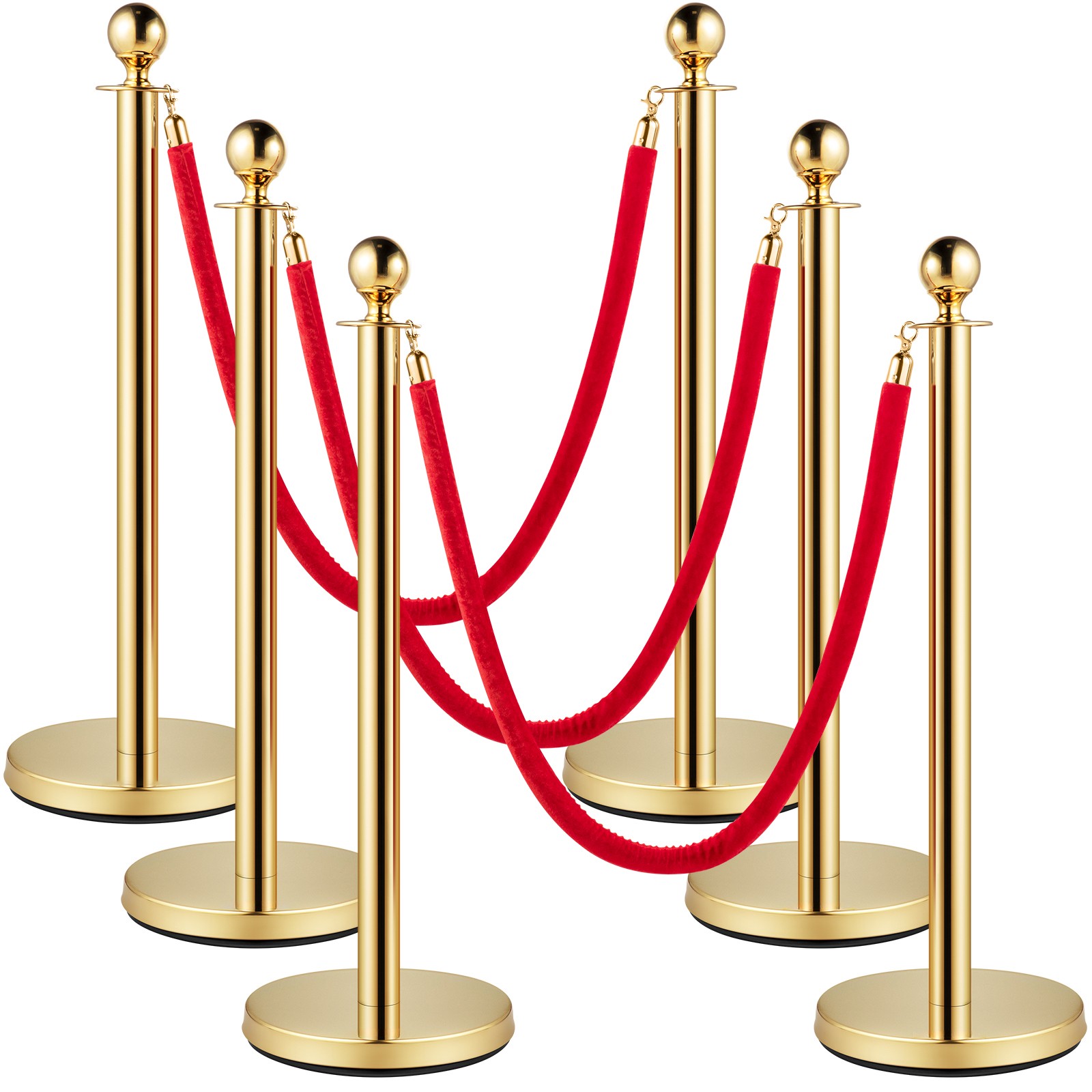 VEVOR 6PCS Gold Stanchion Posts 5ft/1.5m Crowd Control Barriers Velvet Ropes