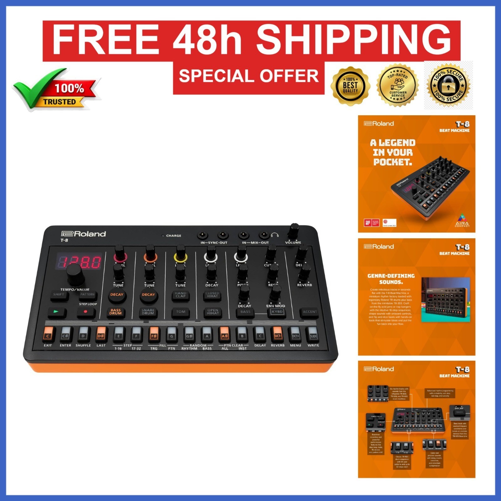 Roland AIRA Compact T-8 Beat Machine | Ultra-Portable Rhythm & Bass