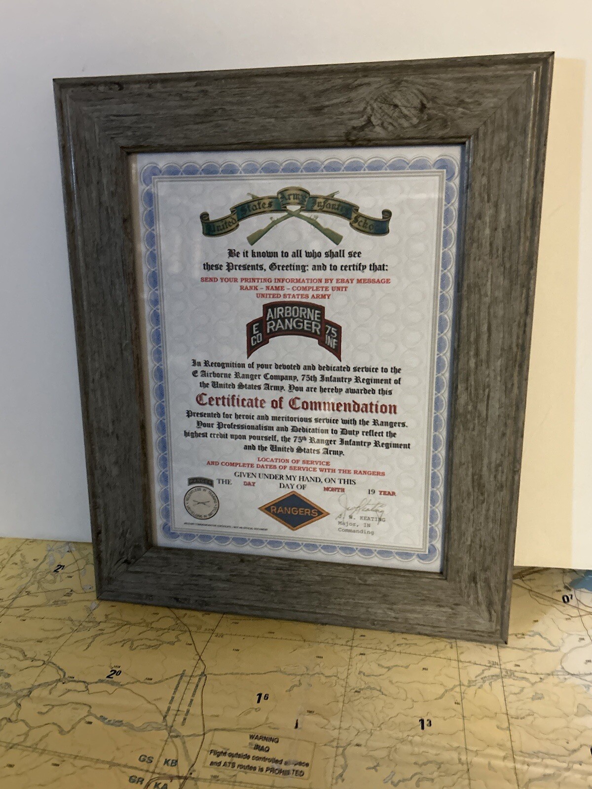 U.S. ARMY RANGER - E CO / 75 INFANTRY COMMENDATION CERTIFICATE (COMMEMORATIVE)