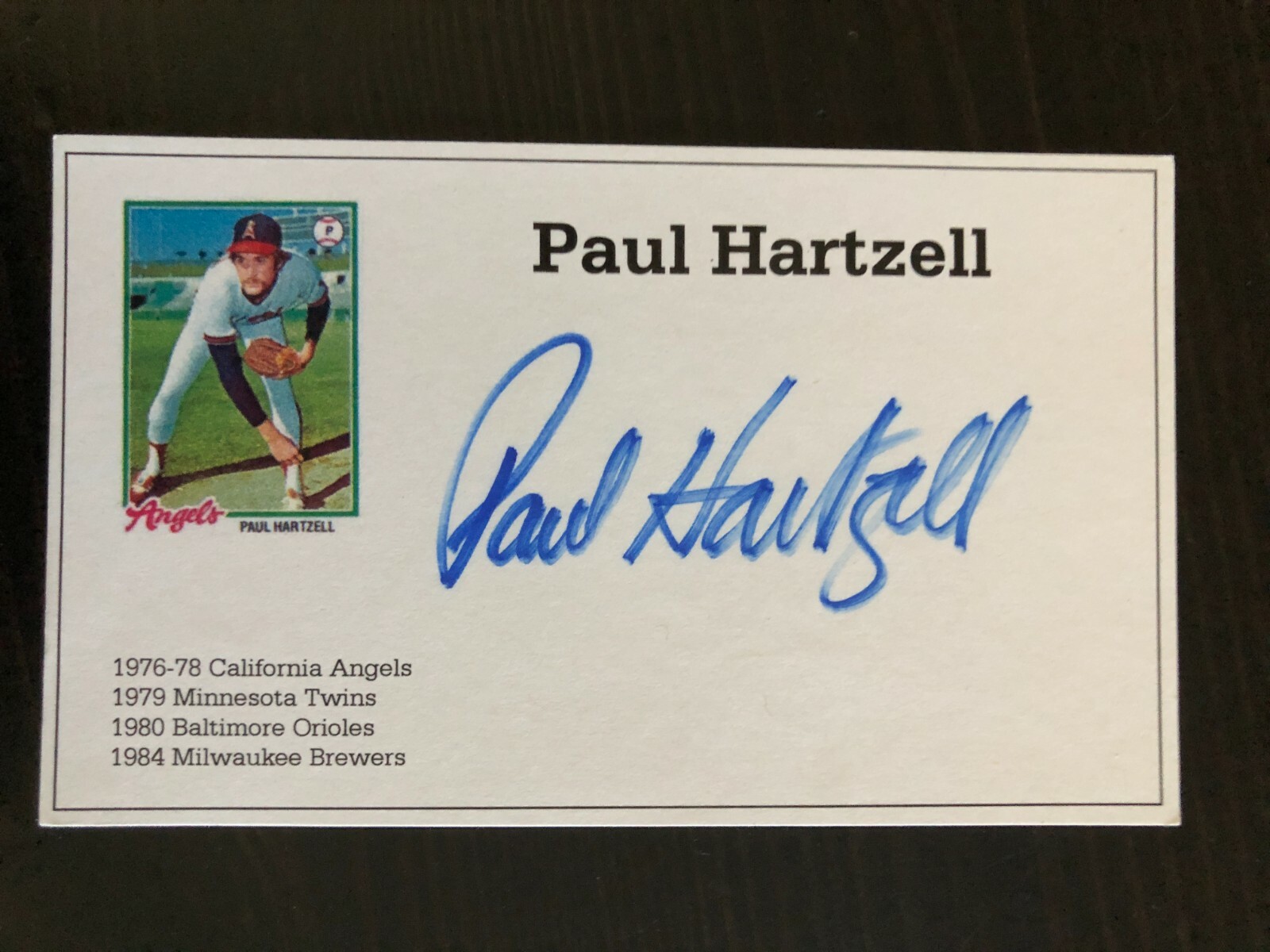 California Angels PAUL HARTZELL autographed 3x5 Index Card