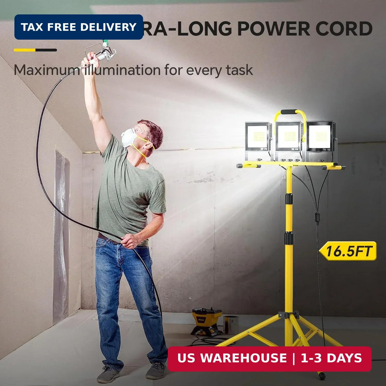 LED Work Lights with Stand: 3 Head Adjustable Work Light with Individual Switch,