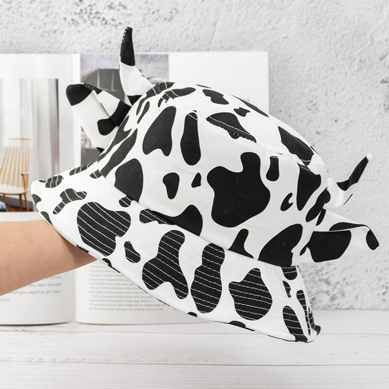 Cow Print Bucket Hat with Cute Horn Ears Beach Sun Summer Travel Sun...