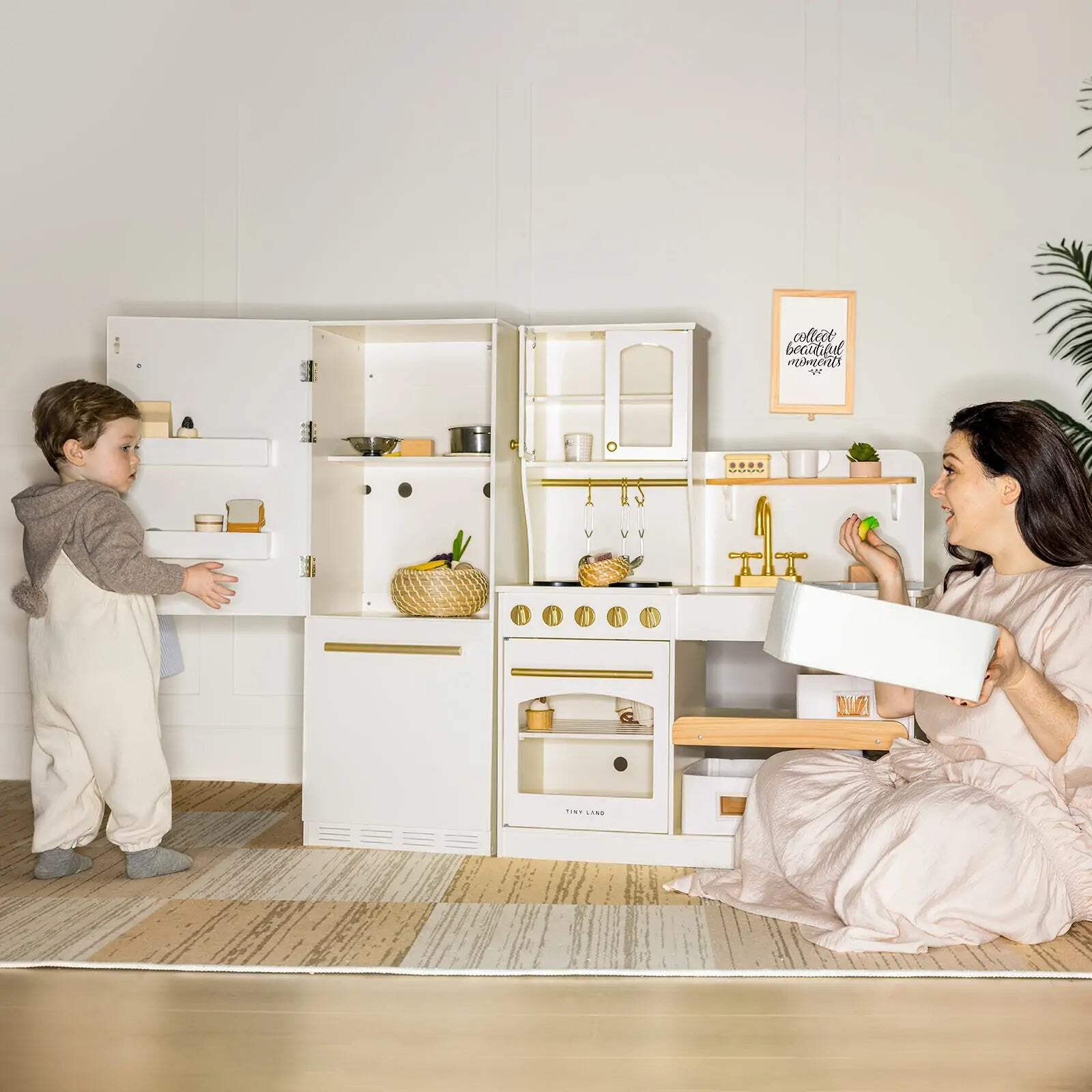 Tiny Land® Play Kitchen Accessories – Play Kitchen Fridge: Wooden Cabinet Refrig