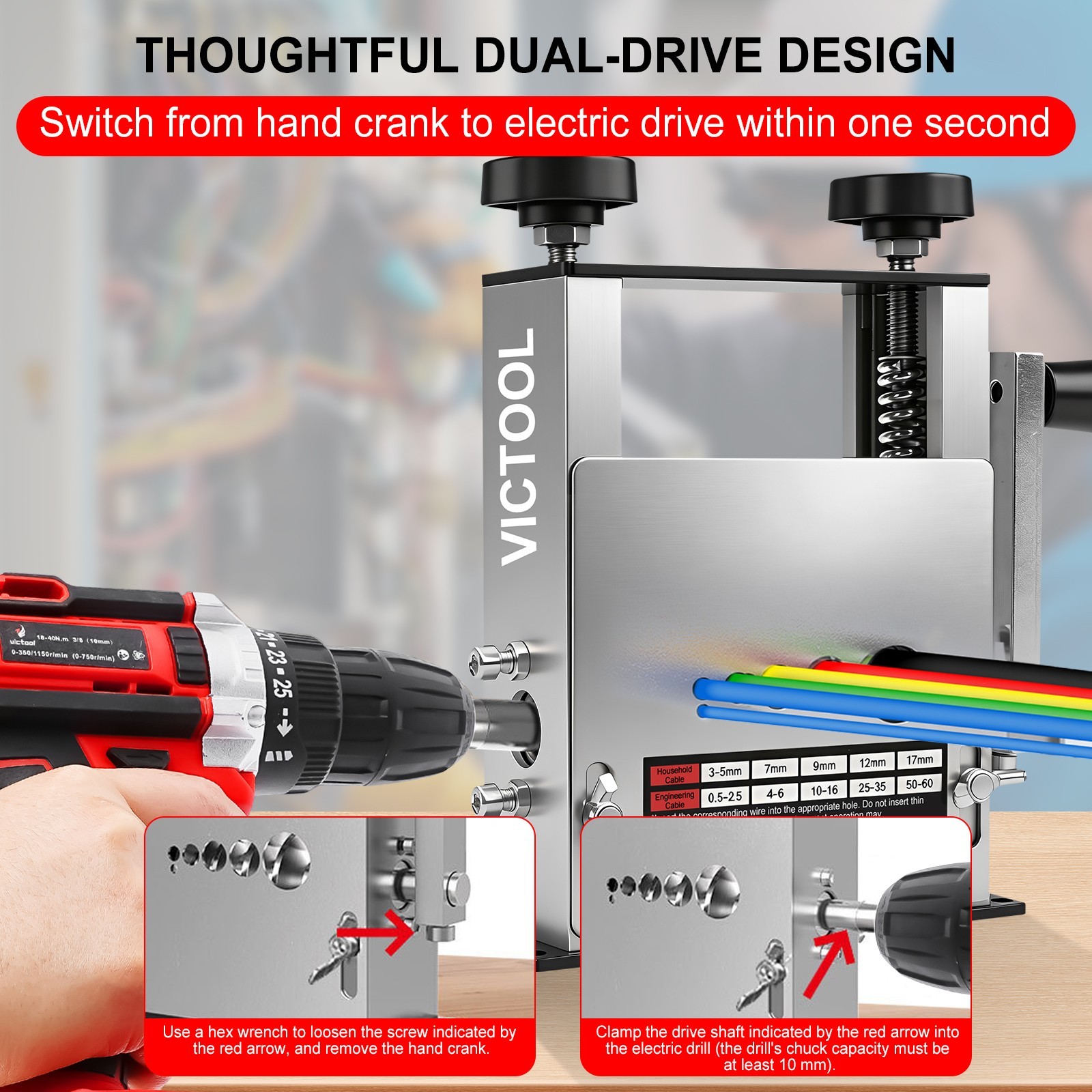 Manual Wire Stripping Machine 6 Channels 3-17mm Drill Powered Cable Stripper