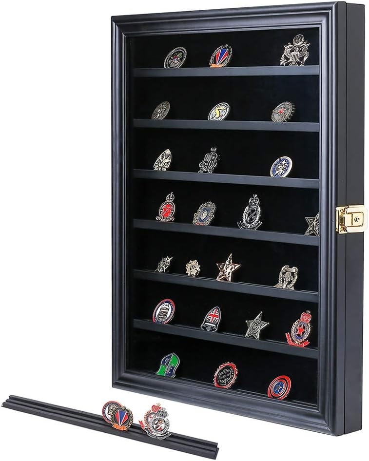 Military Challenge Coin Display Case Lockable Wood Cabinet Rack Matt Black
