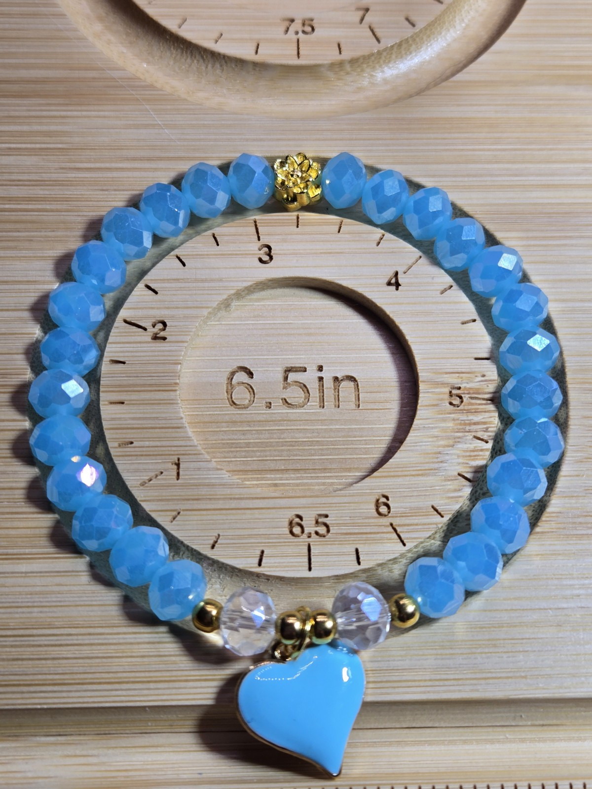 Handcrafted  Blue Heart 6mm Facetted Bead  Stretch Bracelet