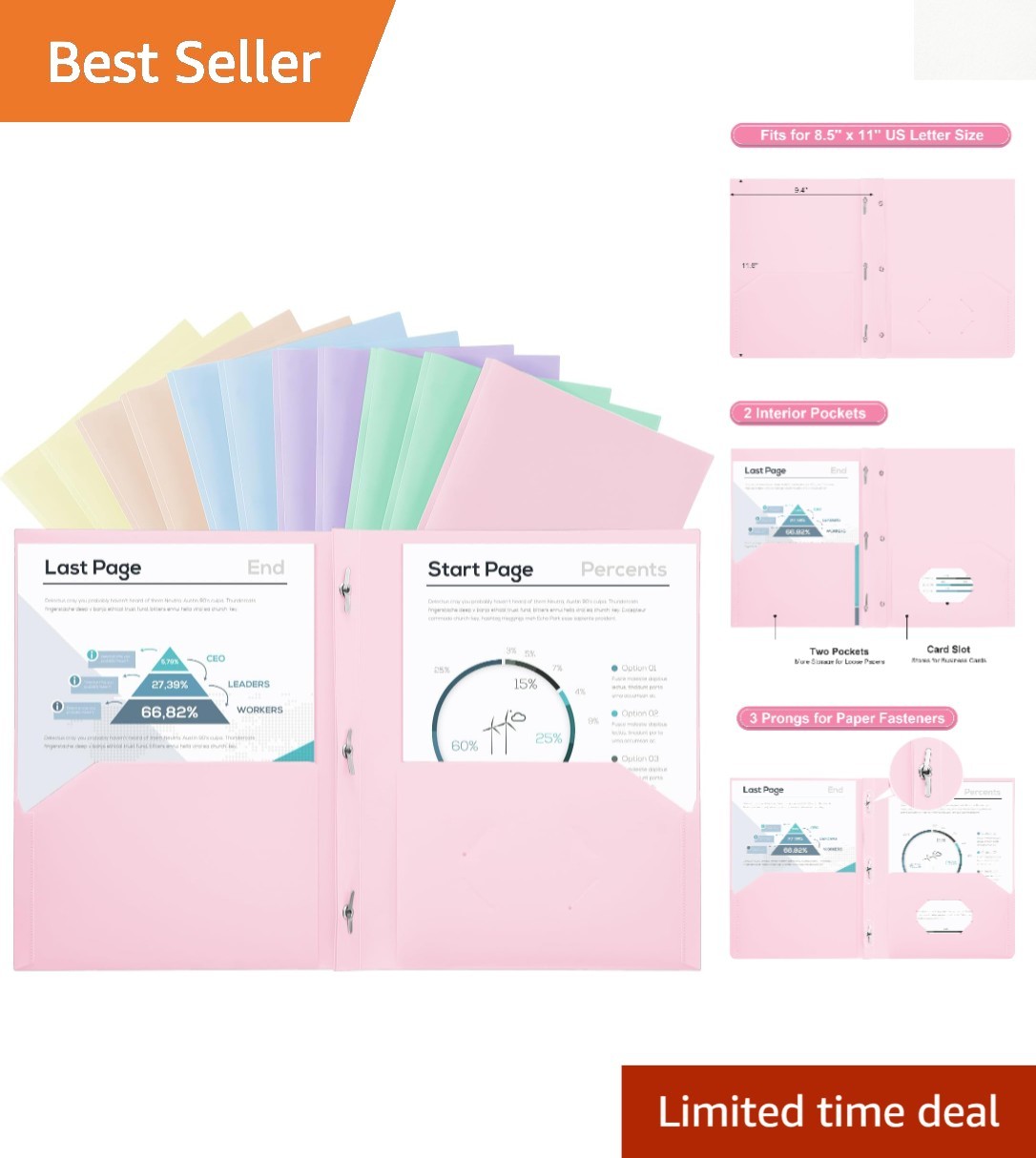 Elegant Pastel Plastic Project Folders - 12 Count, 2 Pockets & 3-Prong Fasteners