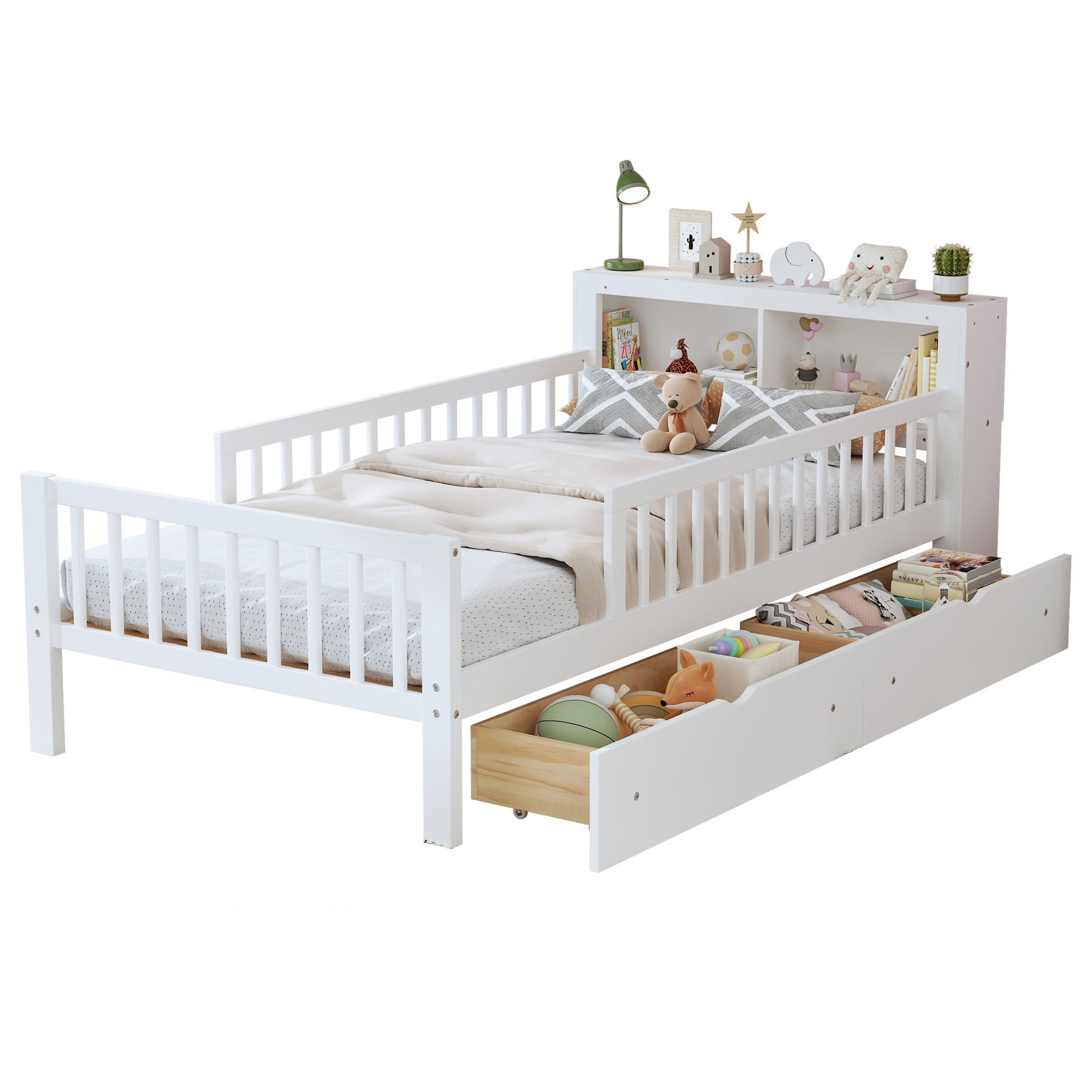 Woos Twin Size Bed with Storage Headboard Two Under-Bed Drawers Guardrails White