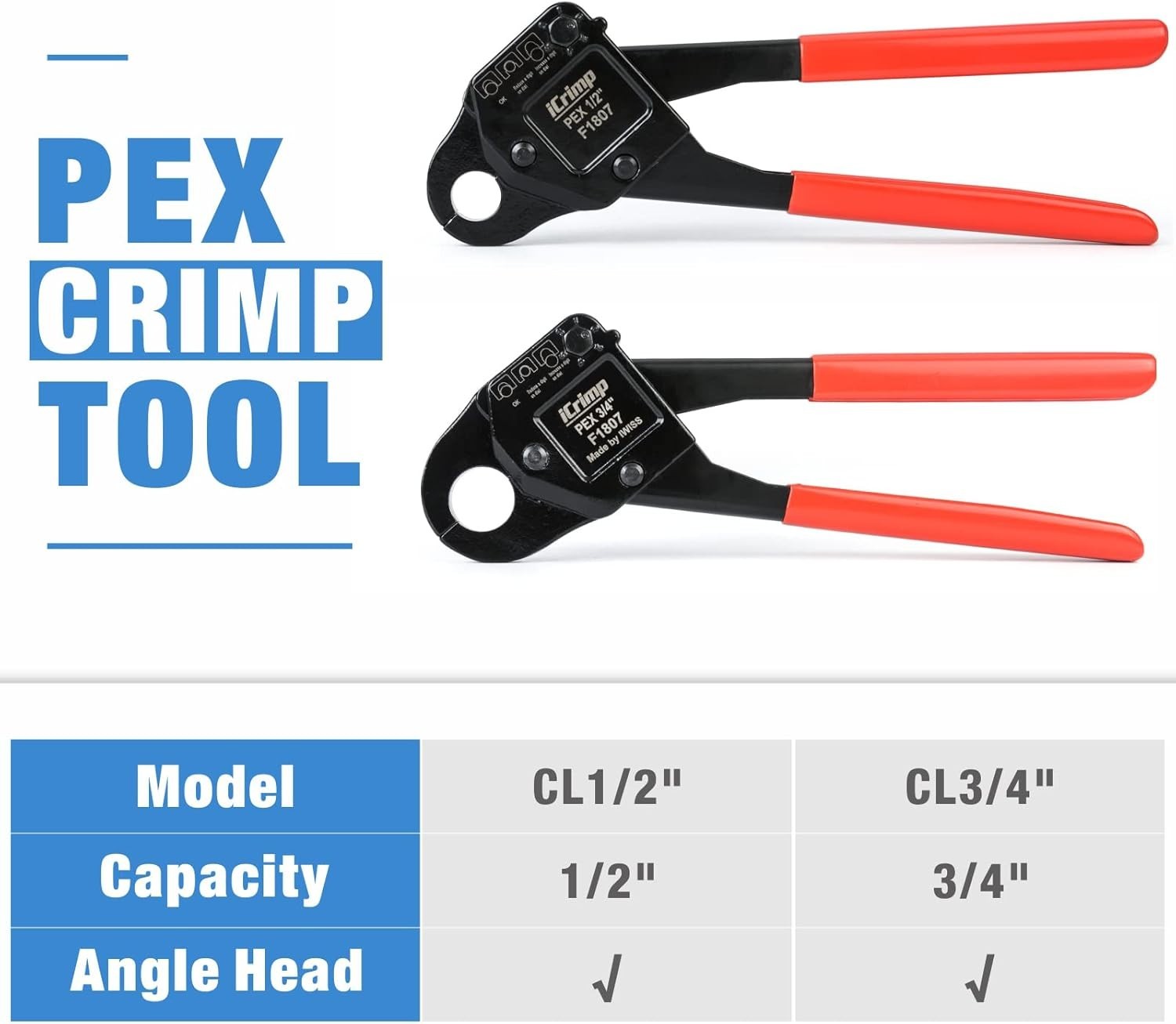 Durable PEX Crimping Tool 1/2" 3/4" Angle Head Gauge Cutter