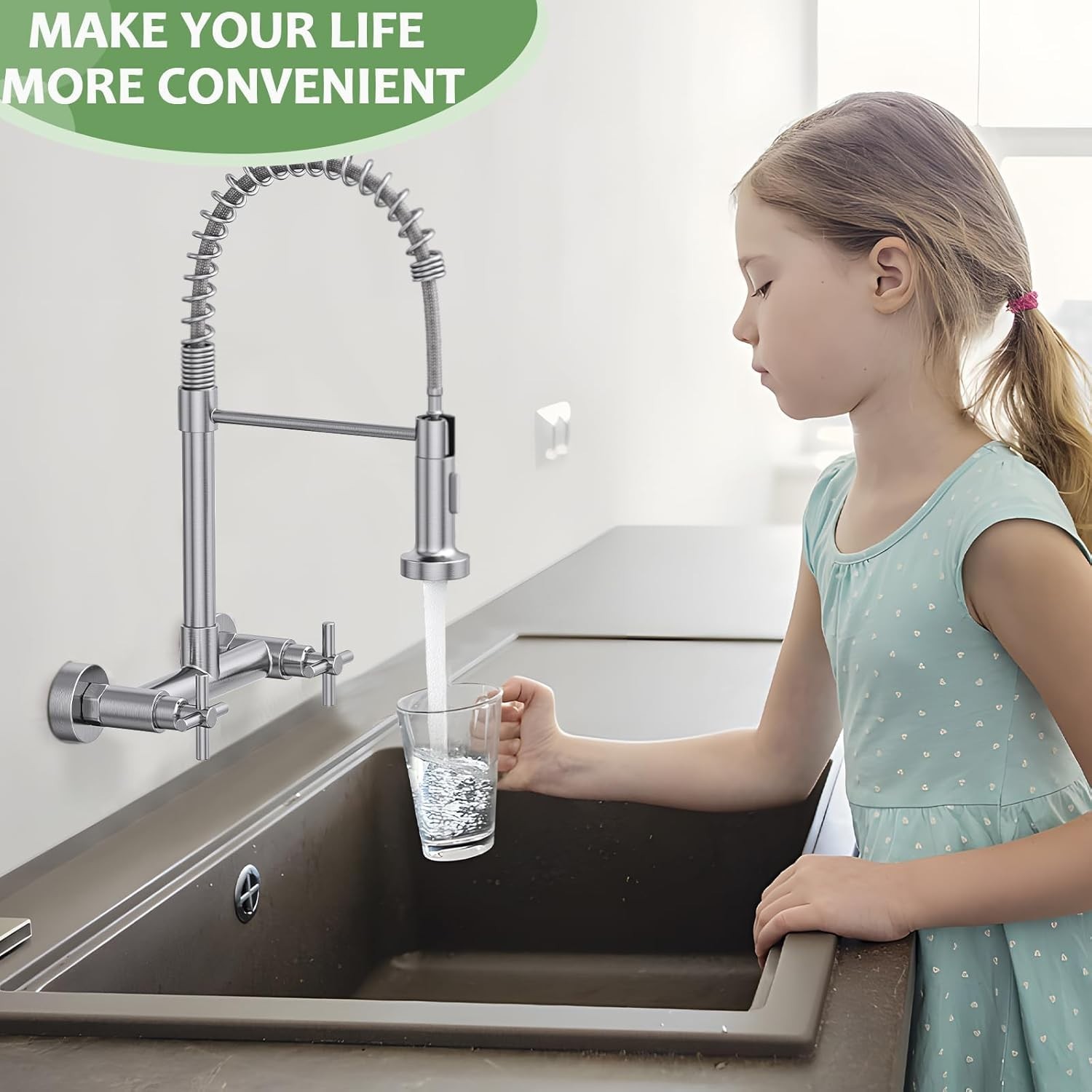Commercial 8 Inch 2 Handle Wall Mount Kitchen Sink Faucet with Pull Down Sprayer