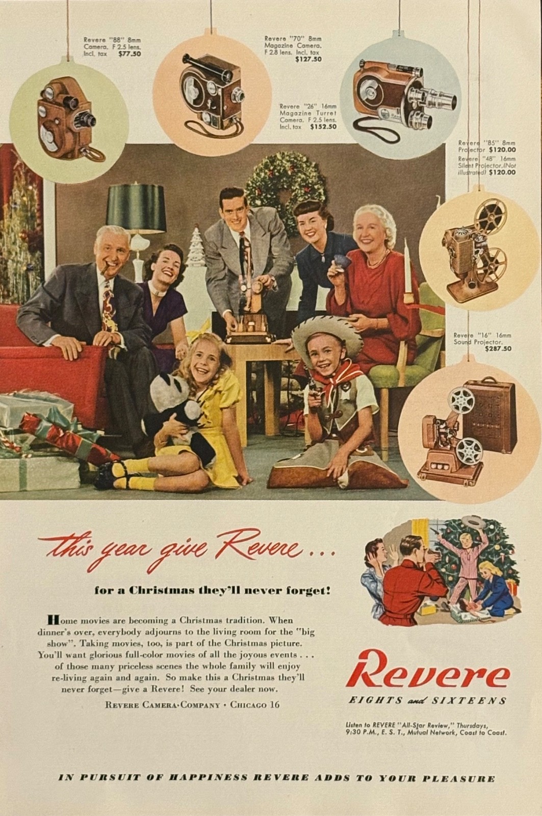 Revere Eights & Sixteens 1948 Print Ad Christmas Cameras Home Movies Projectors