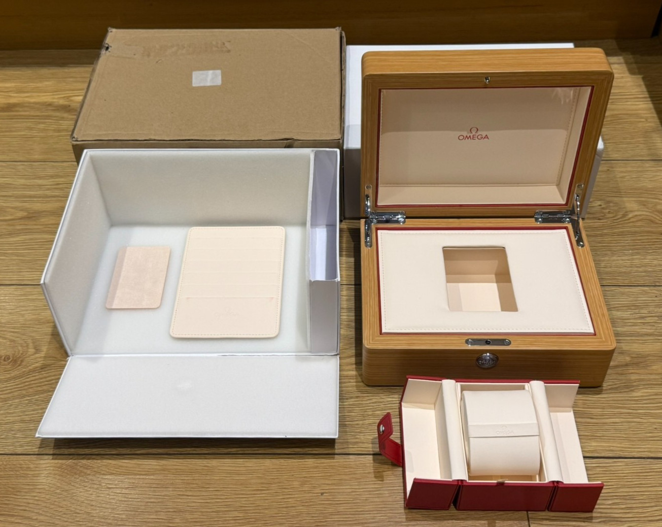 Genuine Original New Style Omega Wooden Watch Box with Travel Case + Card Wallet
