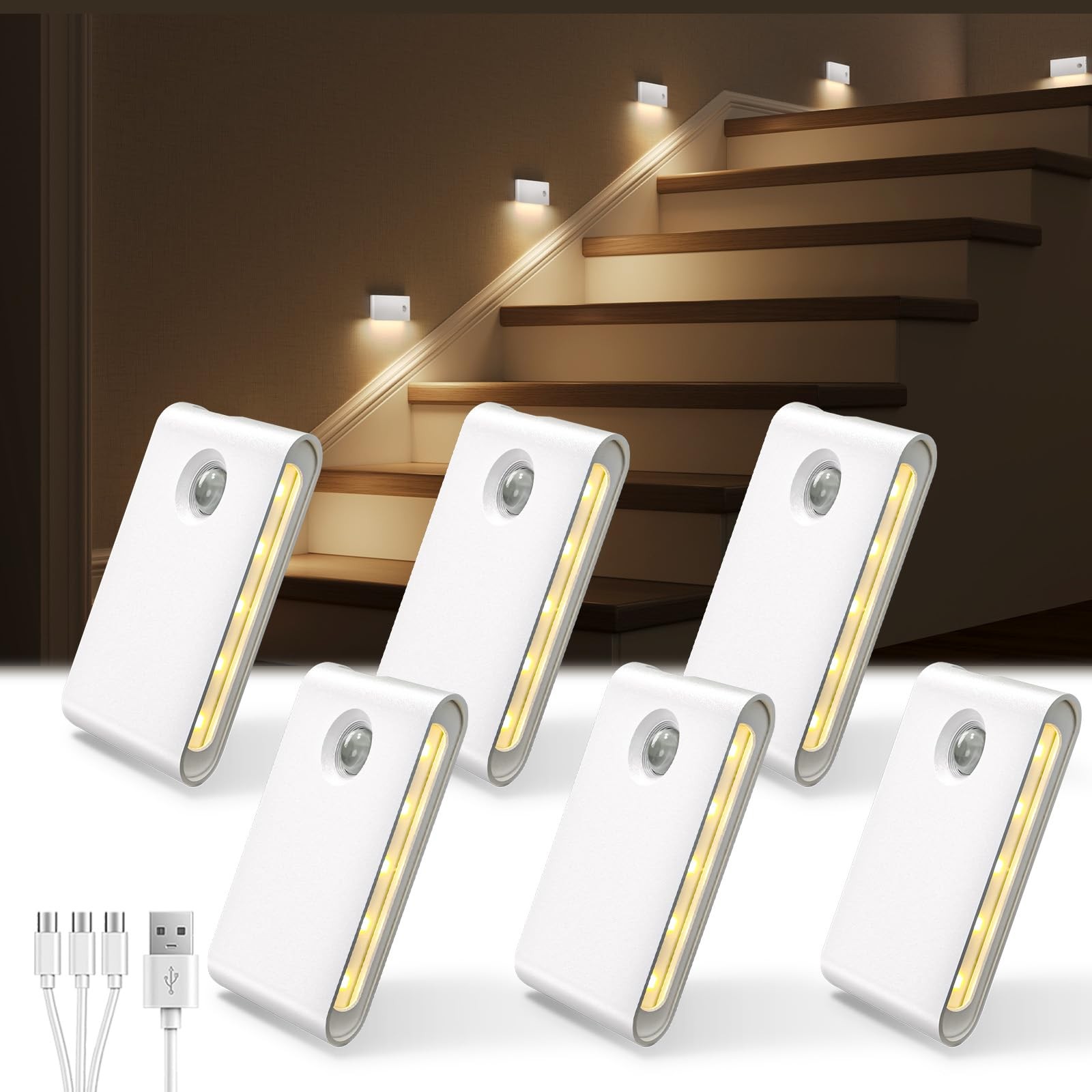 6 Pack Motion Sensor Night Lights, Sync LED Stair Lights Indoor, 1500mAh Rech...