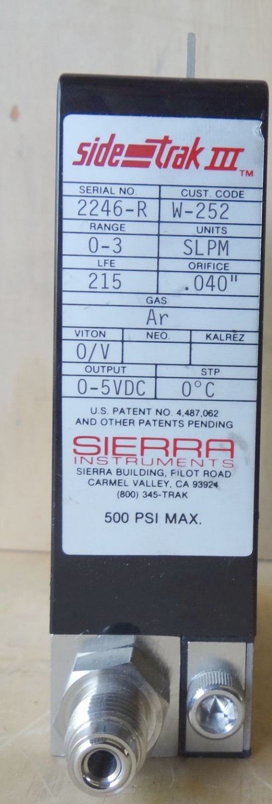 SIERRA SIDE TRAK III MASS FLOW CONTROLLER RANGE 3 SLPM GAS Ar