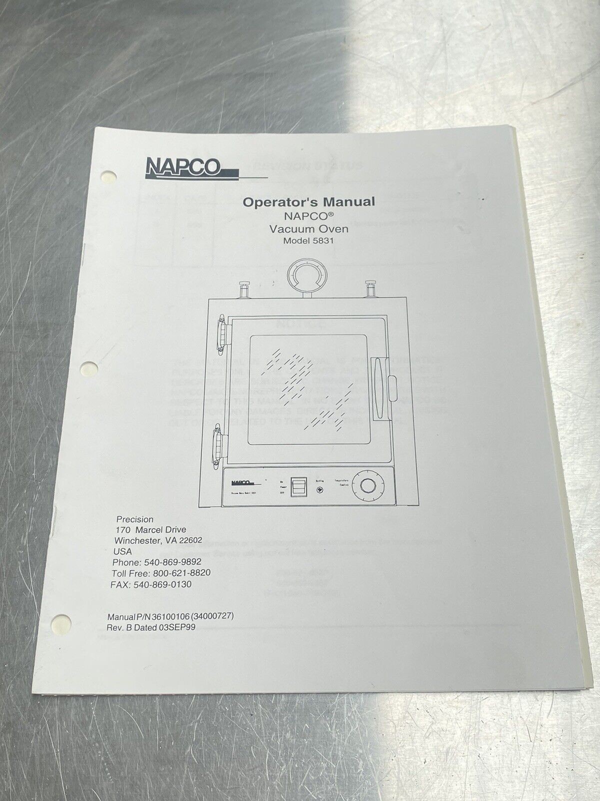 Napco Vacuum Oven 5831 - Users Manual /Instructions Book