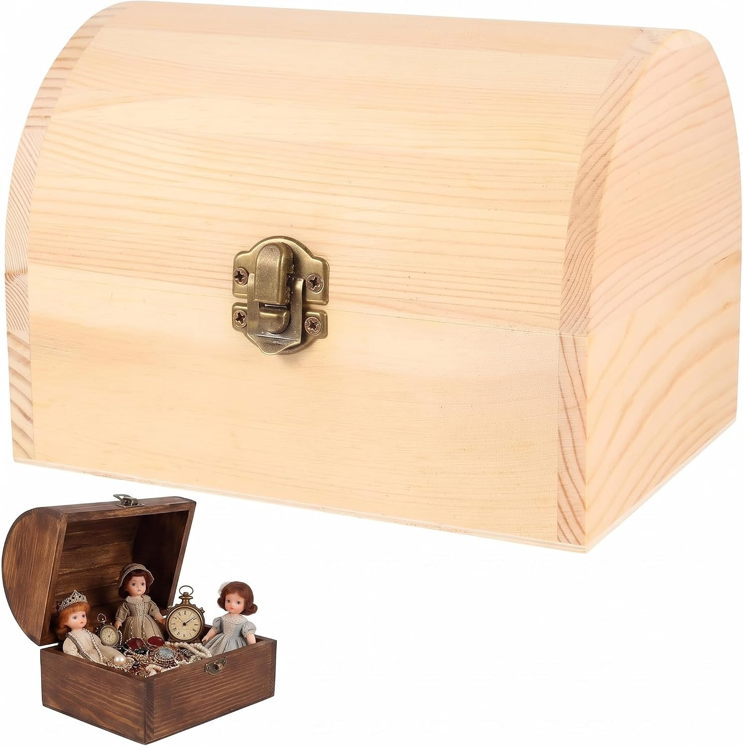 Wooden Box with Hinged Lid 6.3X4.5X4.7 Inch Unfinished Wood Treasure Chest for D