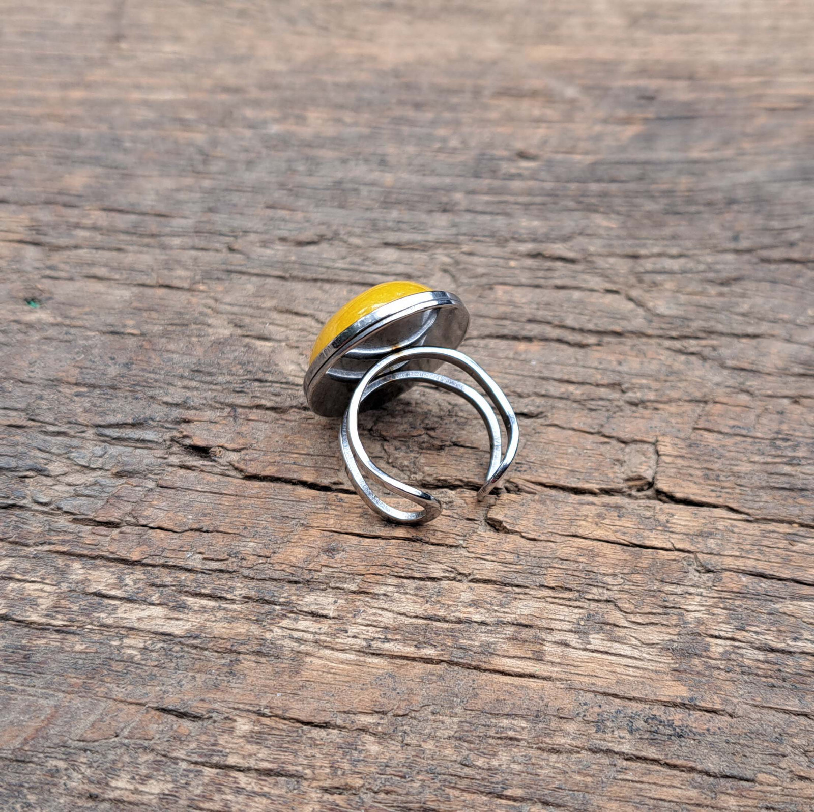 Gorgeous Yellow Agate Adjustable Size Stainless Steel Statement Ring - Handmade