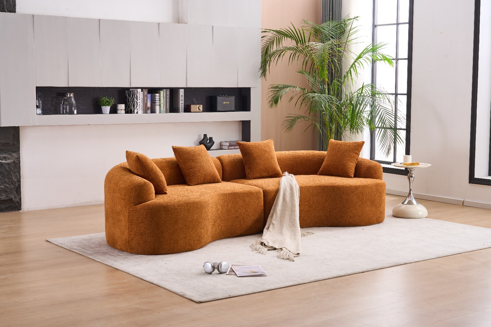 4-Seater Sectional Sofa Orange Chenille - w/4 Pillows, No Assembly, Pet Friendly