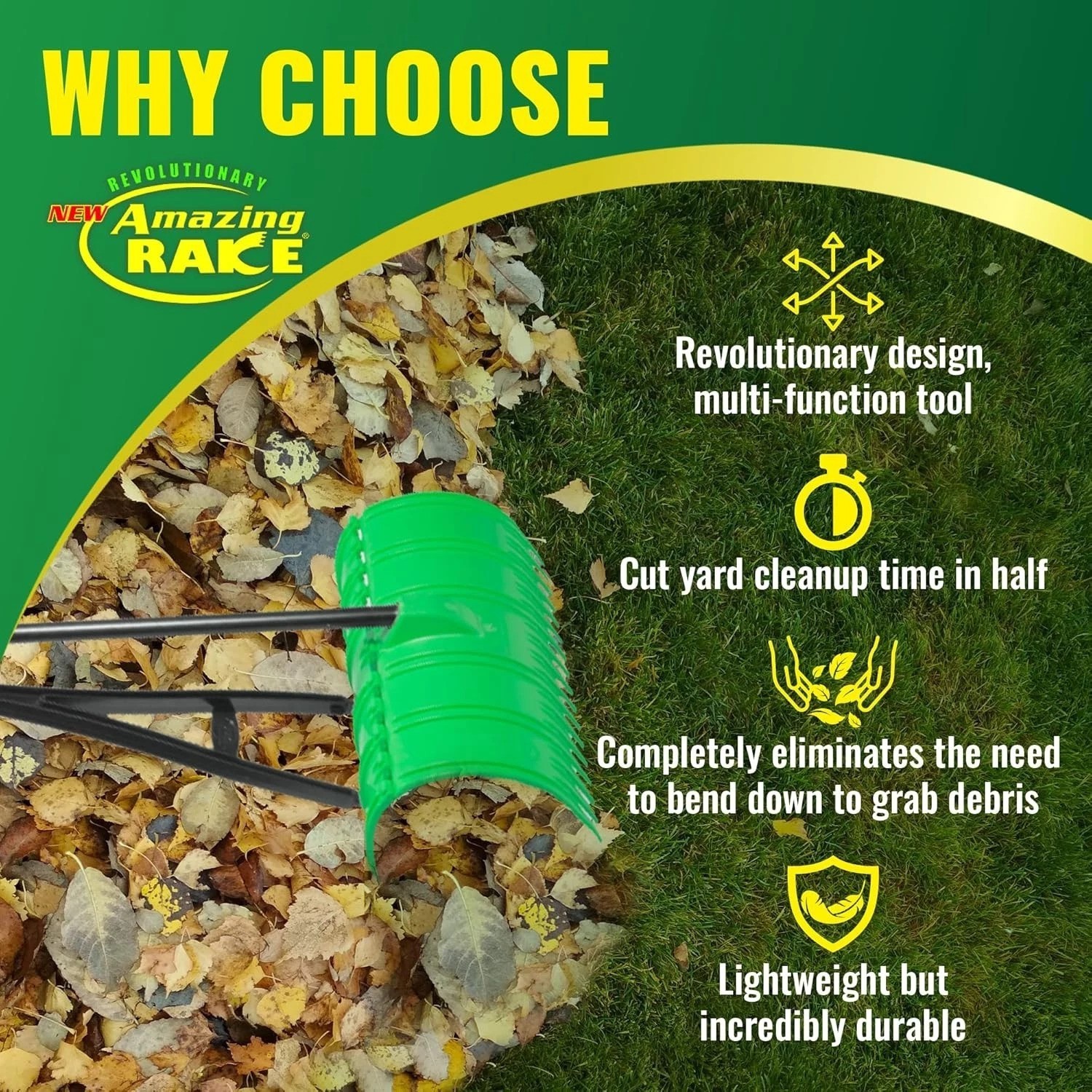 Lightweight Leaf Rake Green 3-in-1 Scoop & Grab - Unbreakable PP