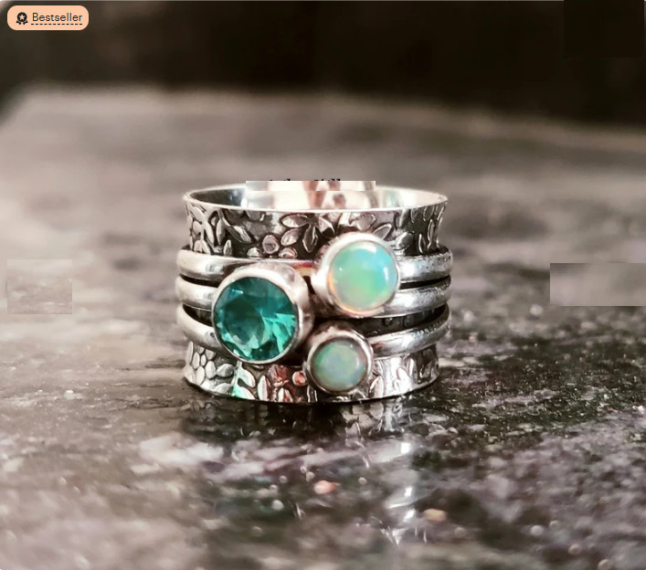 Opal & Blue Topaz Sterling Silver Spinner Handmade Anniversar Ring All Size R387