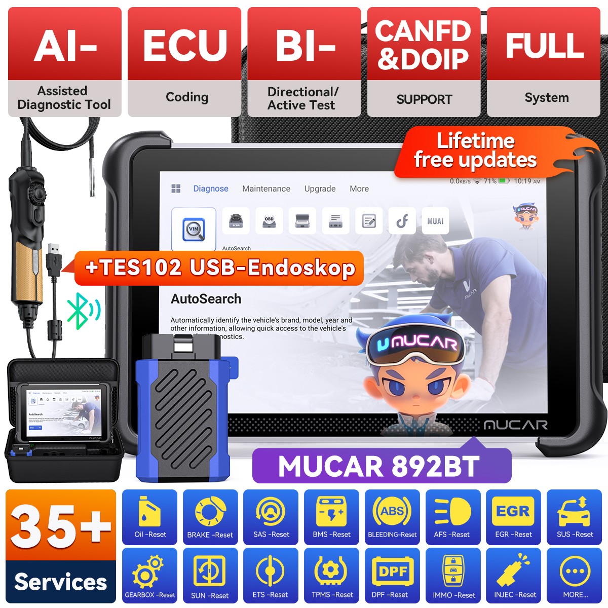 MUCAR 892BT Full System Car Diagnostic OBD2 Scanner ECU Coding 35 Resets CANFD