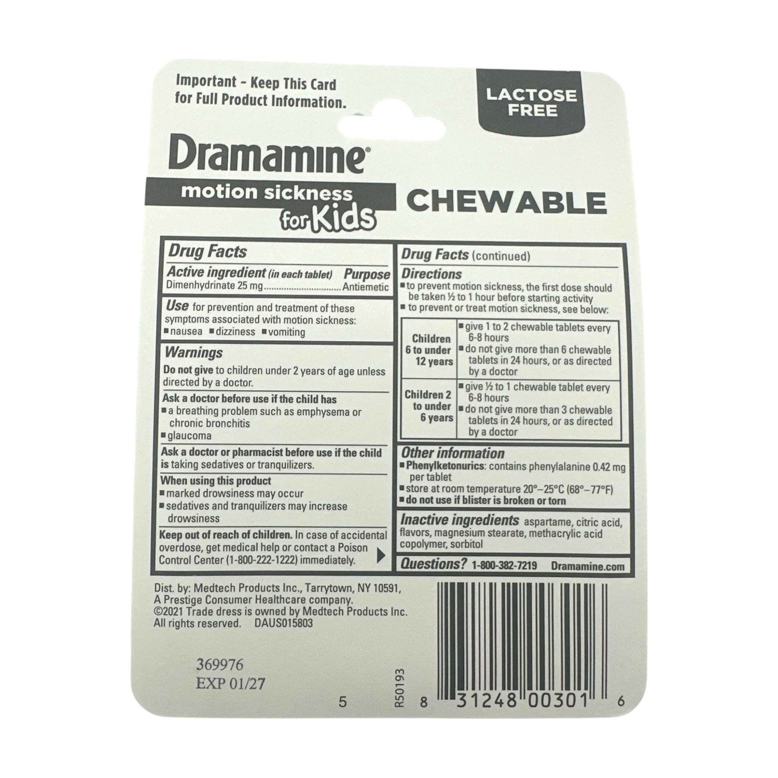 Dramamine Kids Chewable Motion Sickness Relief Grape 8 Count EXP 01/27 - 5 PACK!